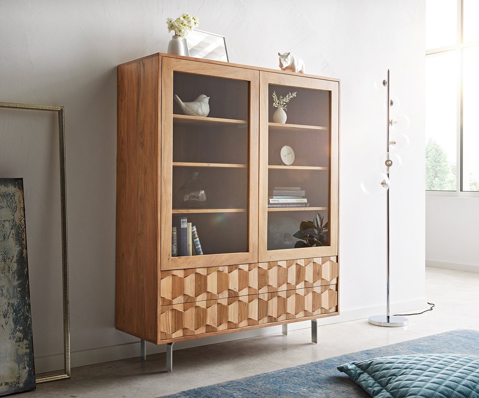 DELIFE Vitrine Fevo Akazie Natur 115x150 cm L-Fuß Vitrine günstig online kaufen