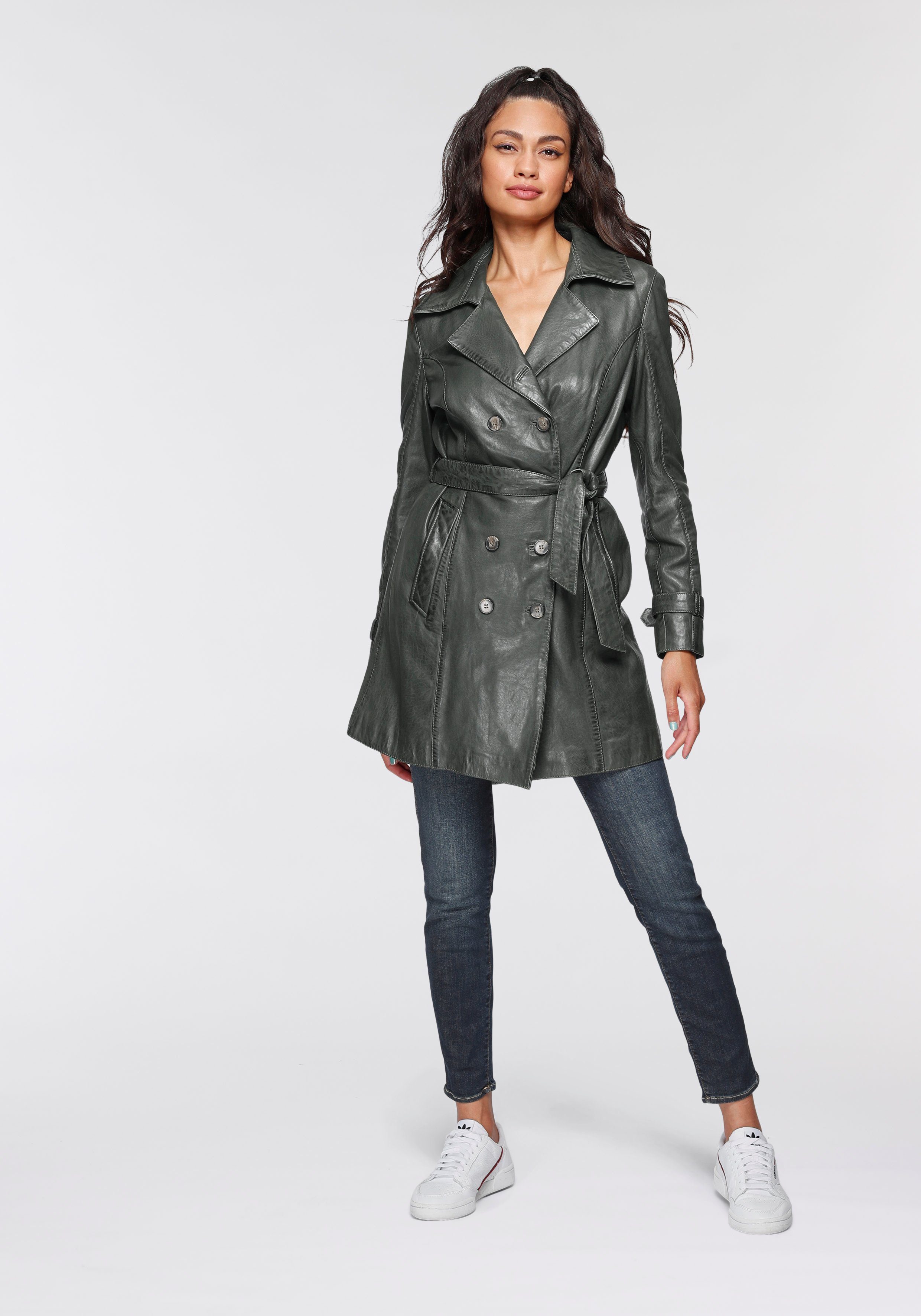 mit (2-tlg., femininer green Gipsy Bindegürtel) mit Leder-Trenchcoat Ledermantel Taresa Bindegürtel