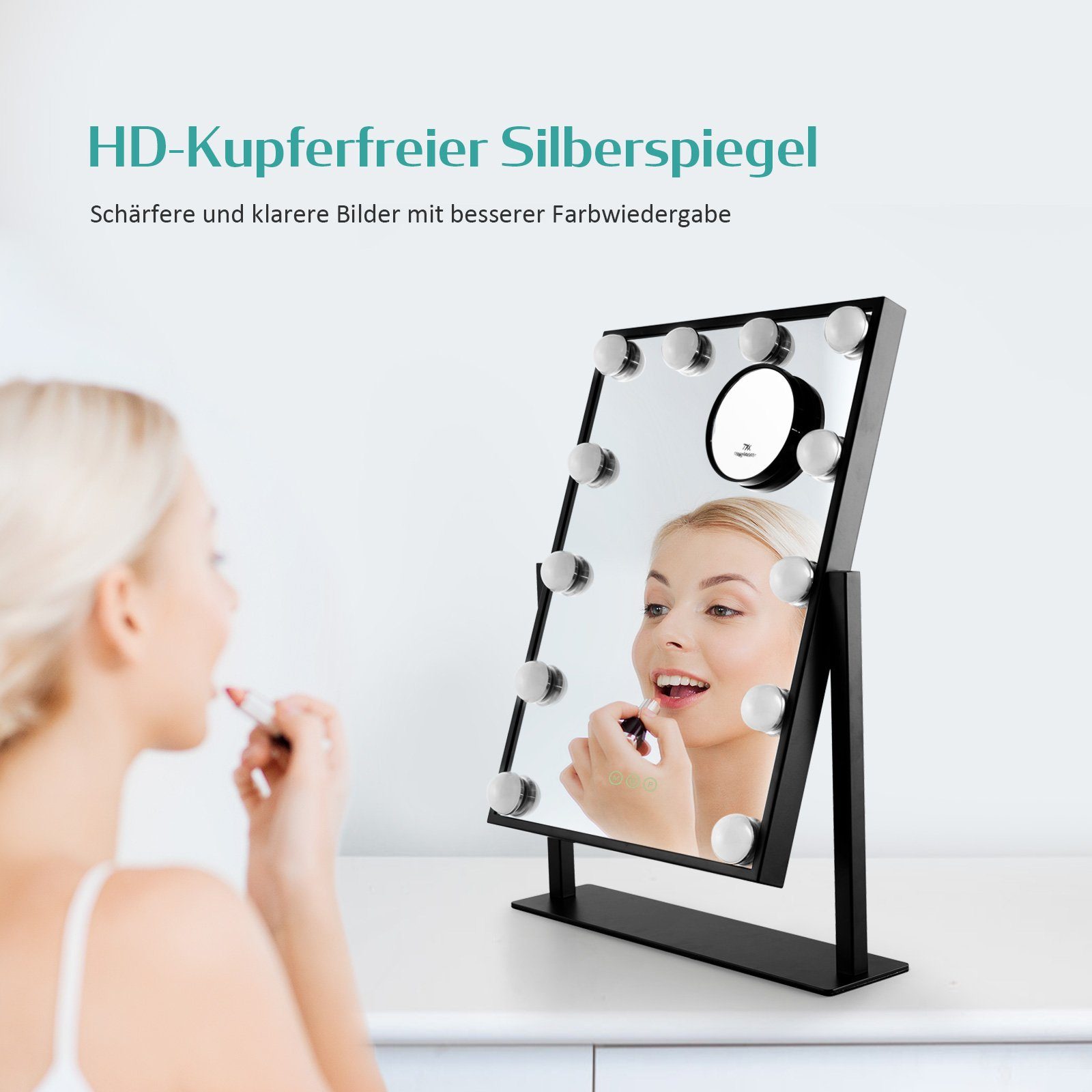 360° EMKE Dimmbaren Spiegel 7x Kosmetikspiegel Schminkspiegel LED-Leuchtmitteln Drehbar Lichtfarben mit 3 Hollywood Schwarz Vergrößerung Beleuchtung,
