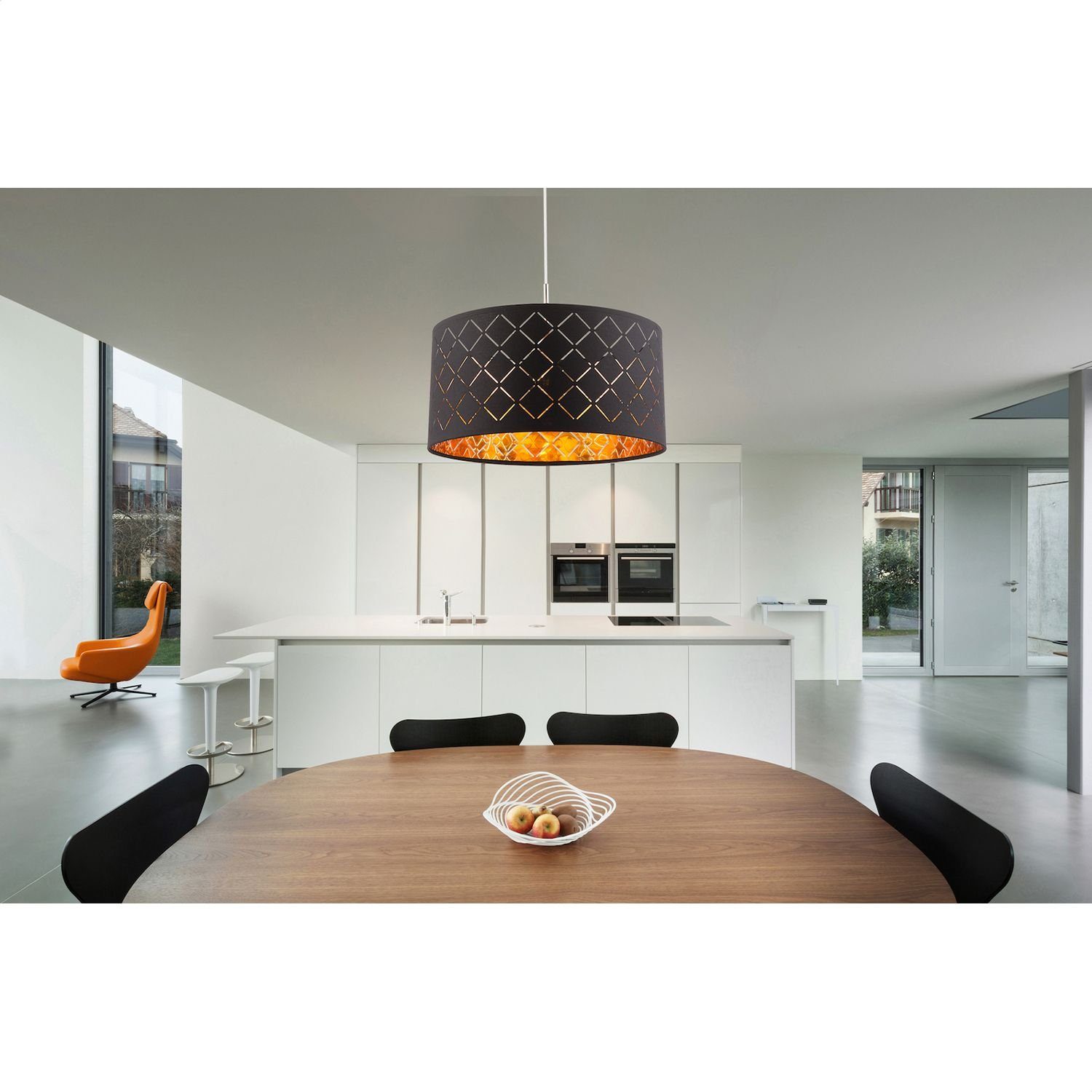 GLOBO LIGHTING Hängeleuchte Hängelampe Esszimmer LED Pendelleuchte Wohnzimmer Textil Schwarz, rund, schwarz, LED wechselbar, Warmweiß, Hängeleuchte
