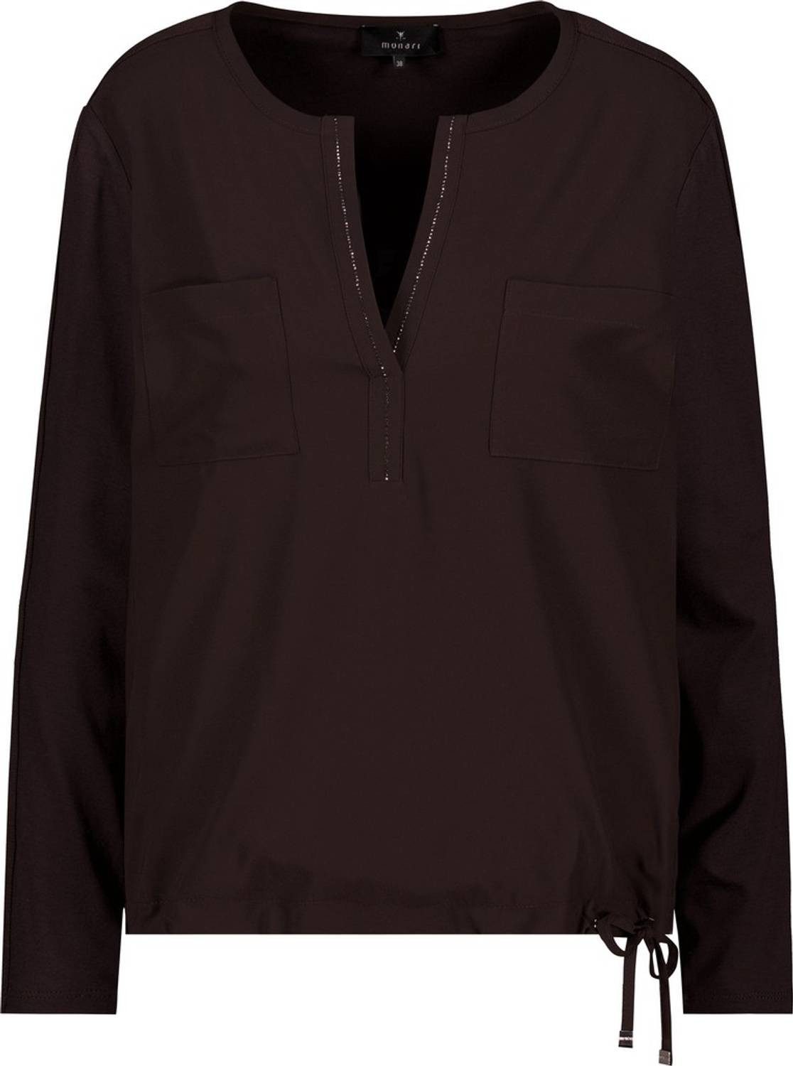 Monari Klassische Bluse 810104 Materialmix mit Satinoptik, Strassdetails und variablem Tunnelzug