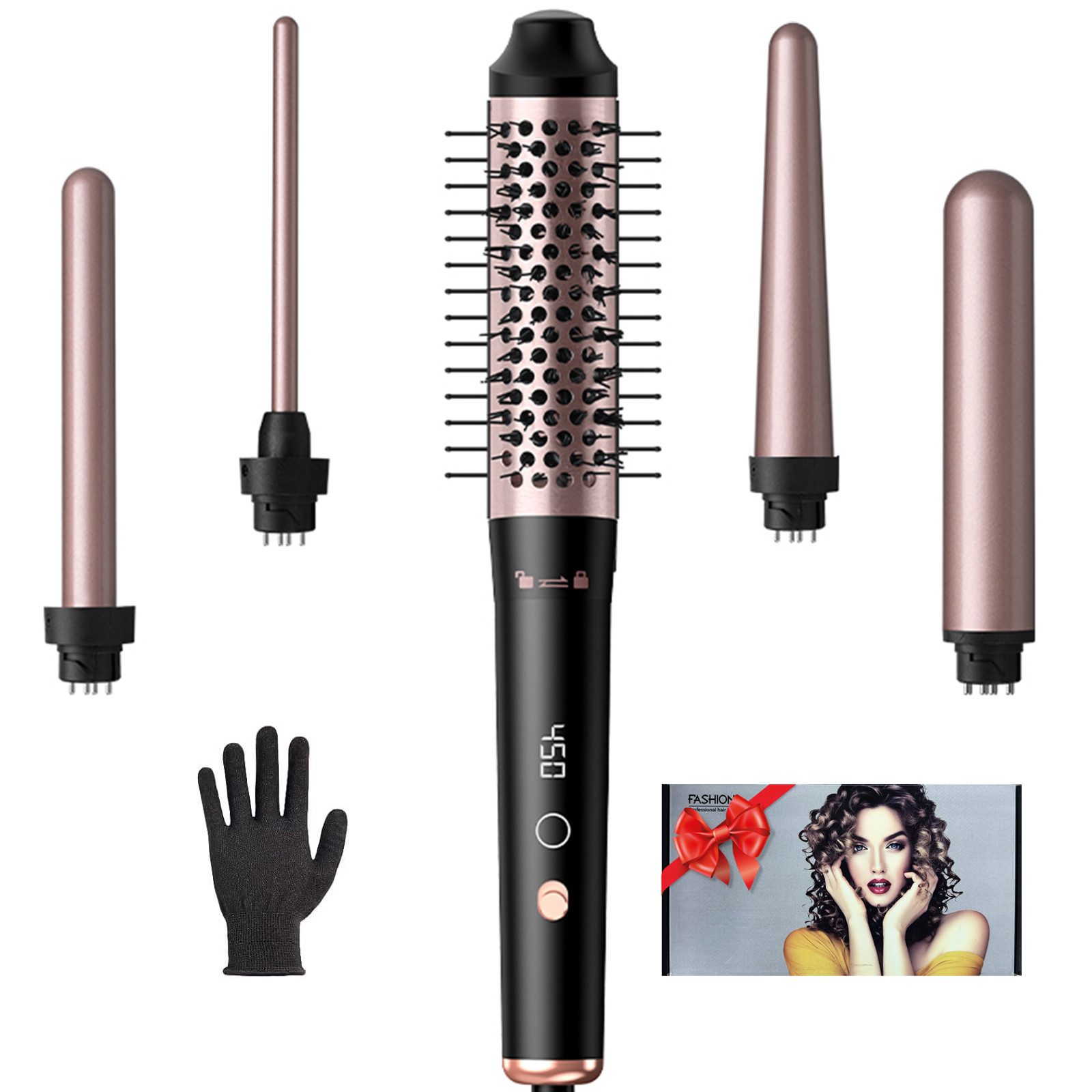 AIMAX Lockenstab 5 in 1, Keramik Lockeneisen mit Multifunktion Lockenbürste, Turmalin-Keramik, Lockenstabe mit Verschiedenen Aufsätzen Große und Kleine Locken 9-32mm