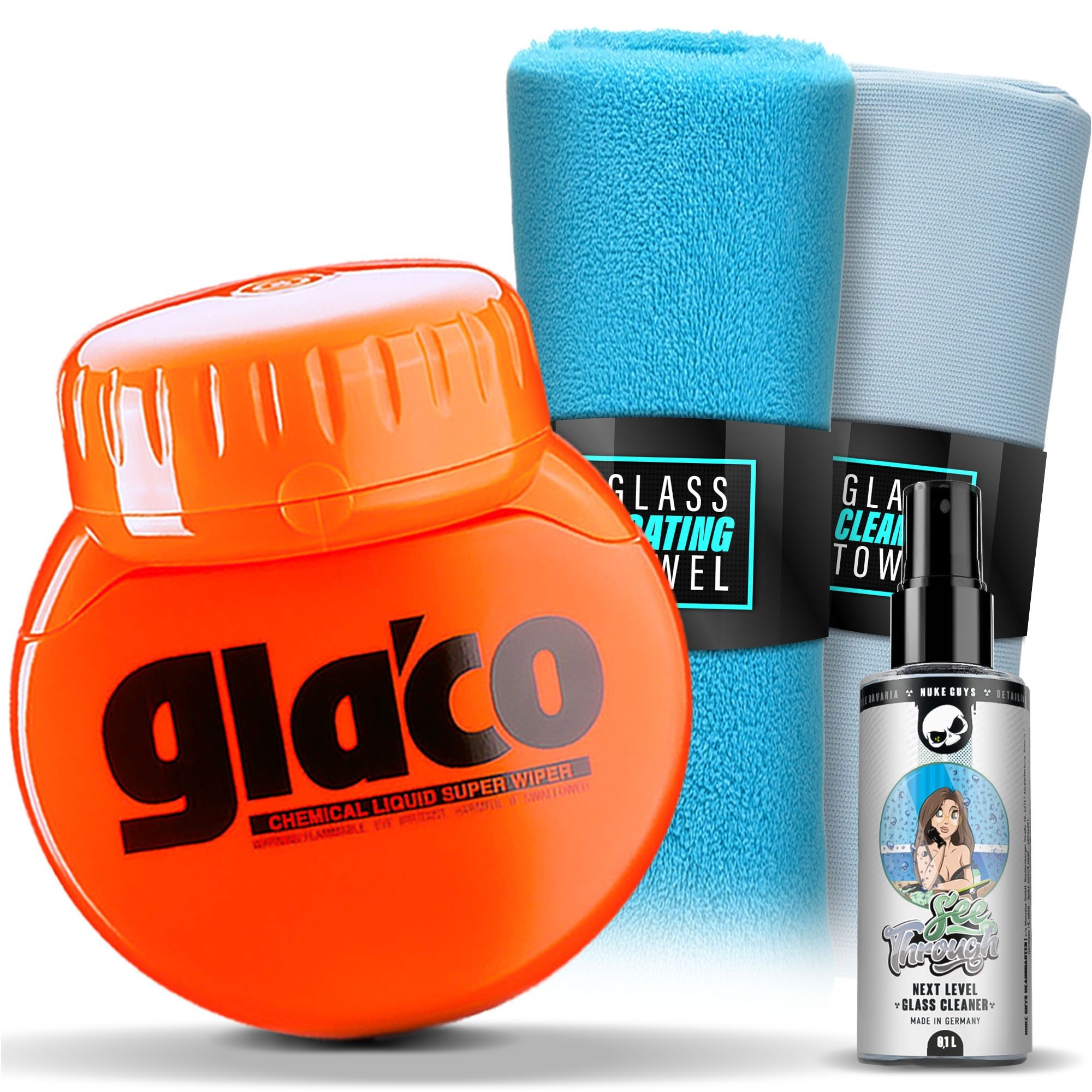 detailmate Glasversiegelung Set Soft99 Glaco Roll On Large Lotuseffekt Scheibenversiegelung (4 St), + Glasreiniger, Mikrofasertücher, Nanoversiegelung