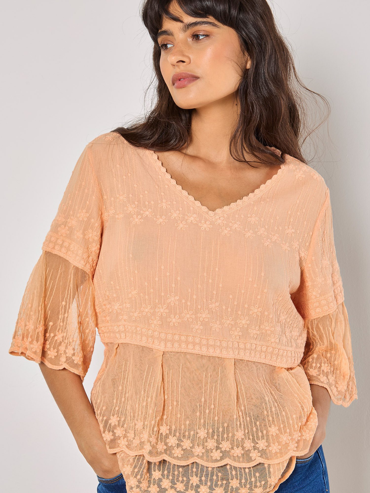 Apricot Blusentop Embroidered Cotton Mesh Top mit Stickerei