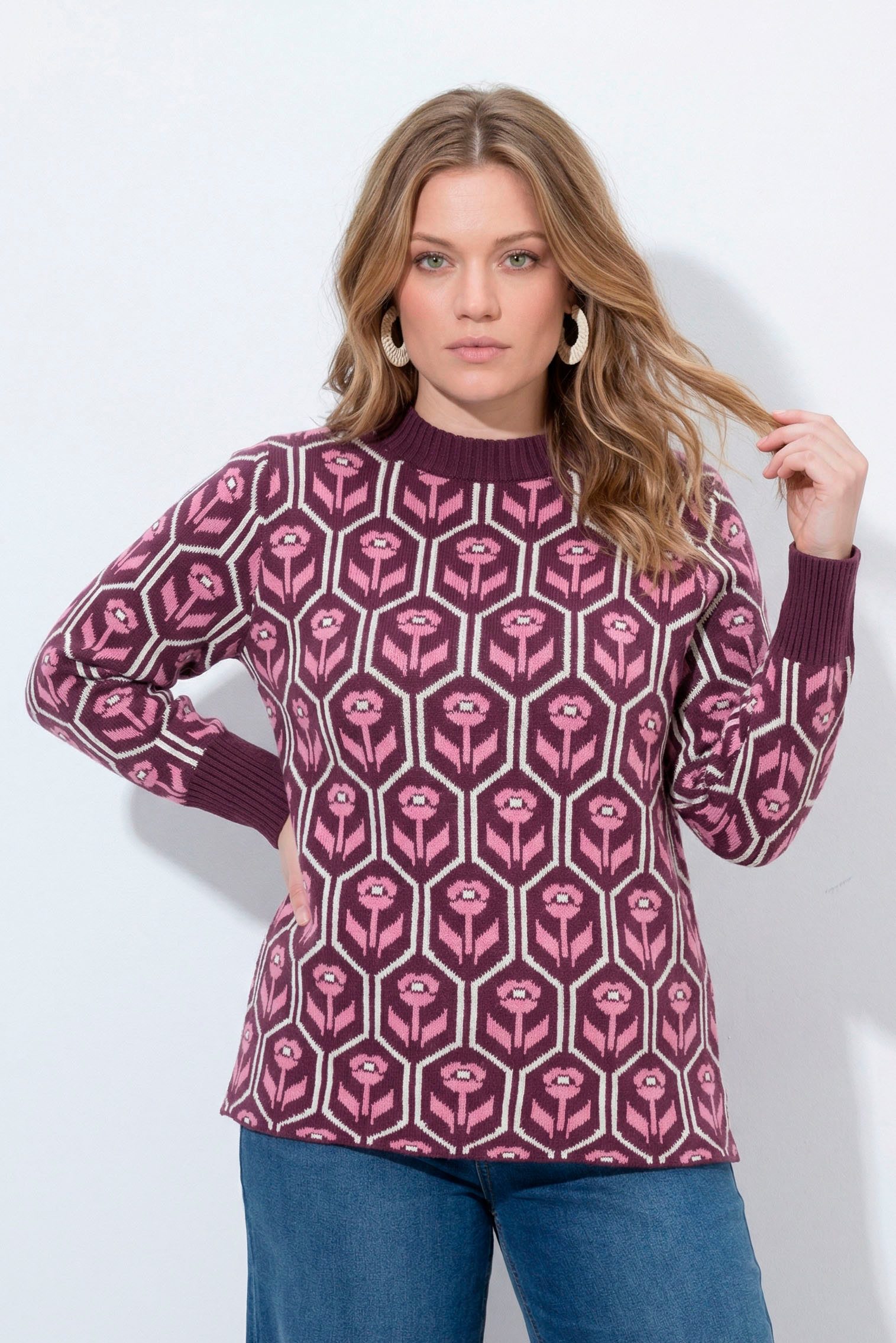 Ulla Popken Strickpullover Pullover Blüten Stehkragen Langarm Biobaumwolle