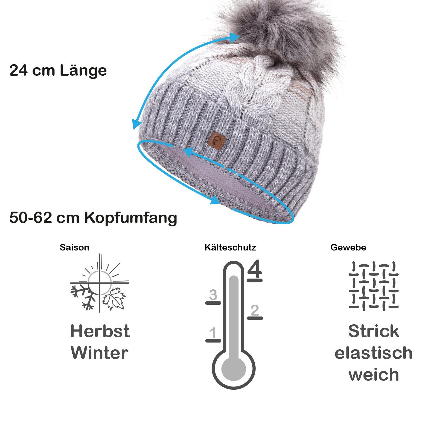 Faera Bommelmütze Wintermütze Damen Herren Mütze Beanie Haube gefüttert Bommelmütze
