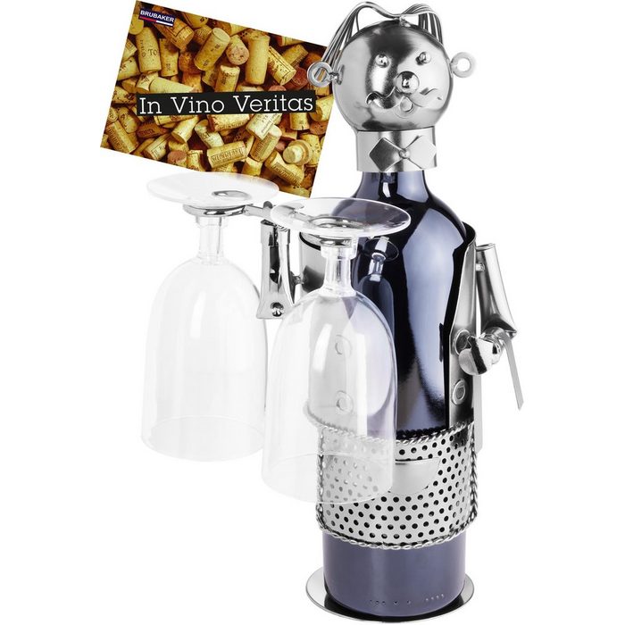 BRUBAKER Weinflaschenhalter Kellner mit 2 Glashaltern (inklusive Grußkarte) Weinhalter Flaschenhalter Metall Skulptur Wein Geschenk