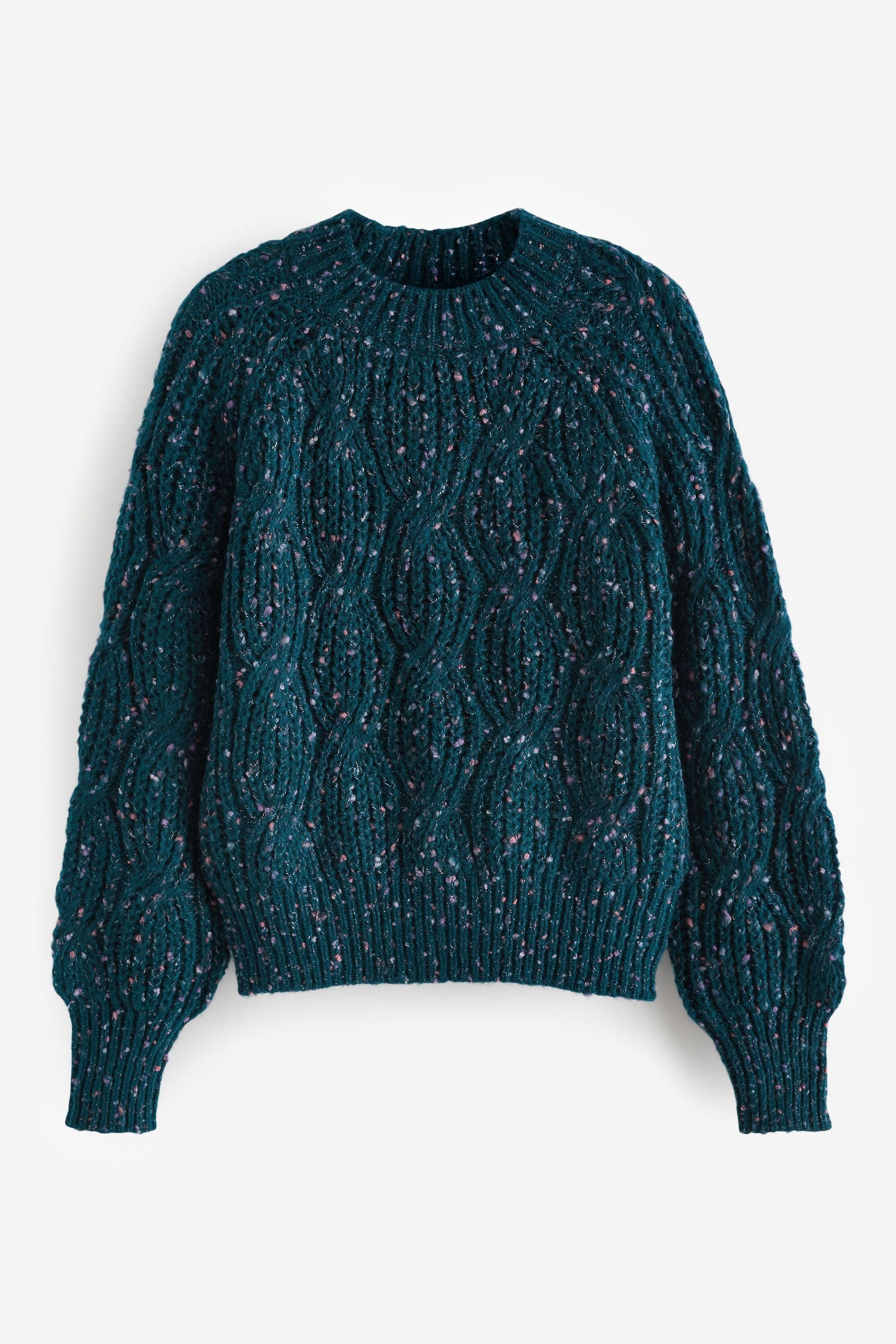 Next Rundhalspullover Zopfmusterpullover aus Noppengarn mit Teal Blue (1-tlg) Bommeln