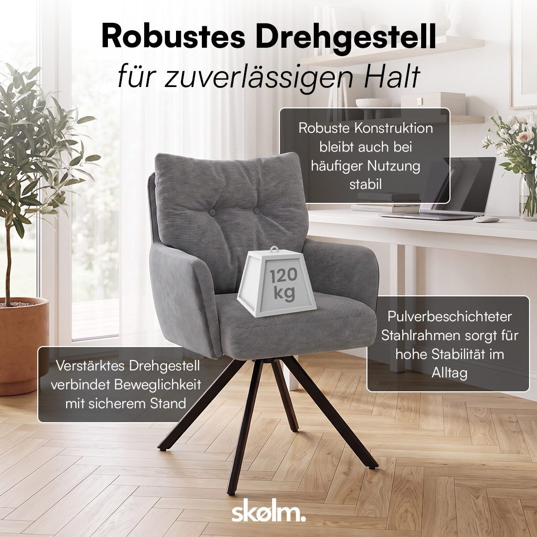 skølm Esszimmerstuhl Arvakr, Armlehnstuhl mit Metallgestell, 360° drehbar, gepolstert (Dunkelgrau, 6 St), Drehstuhl aus Leinen/Samt, Polsterstuhl bis 120 kg – Bild 3 von 5