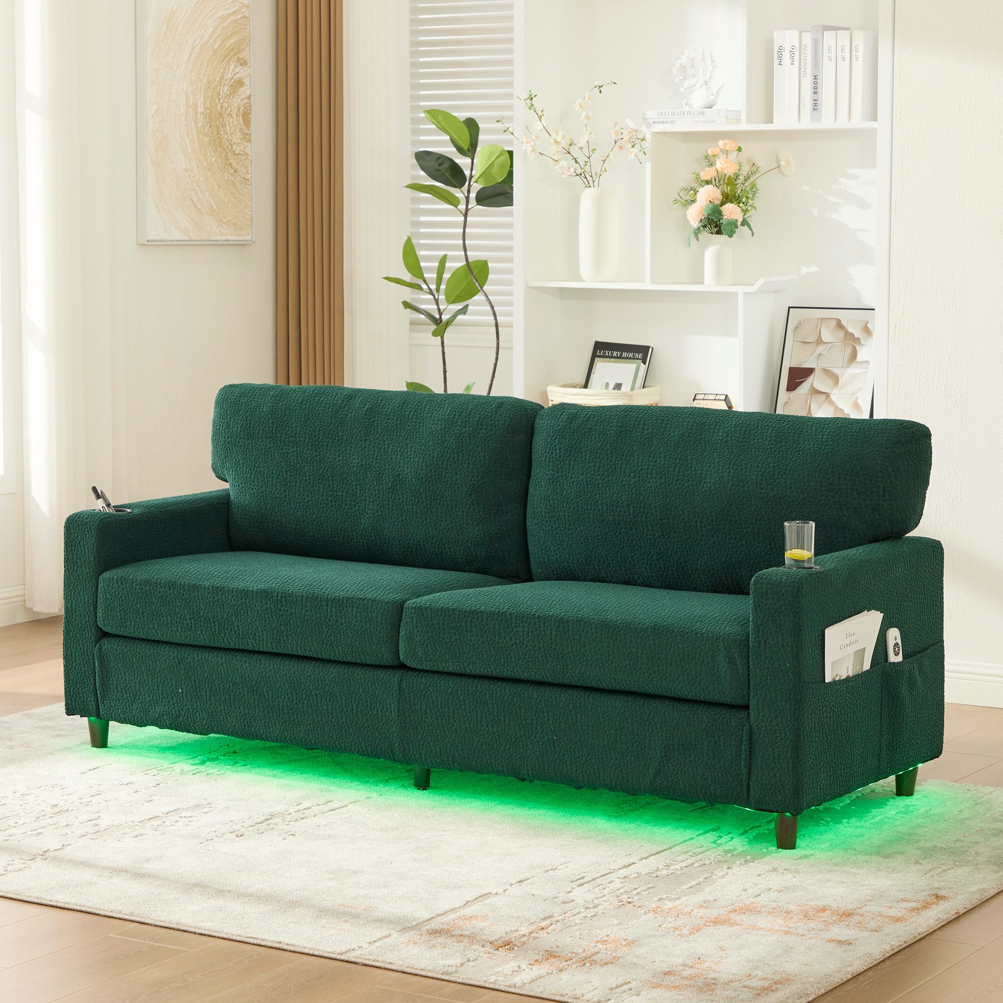 OKWISH Sofa Loungesofa Kindersofa, 2-Sitzer-Sofa aus Chenille mit LED-Ambientebeleuchtung, USB-C-Anschluss, Getränkehaltern und Seitentaschen
