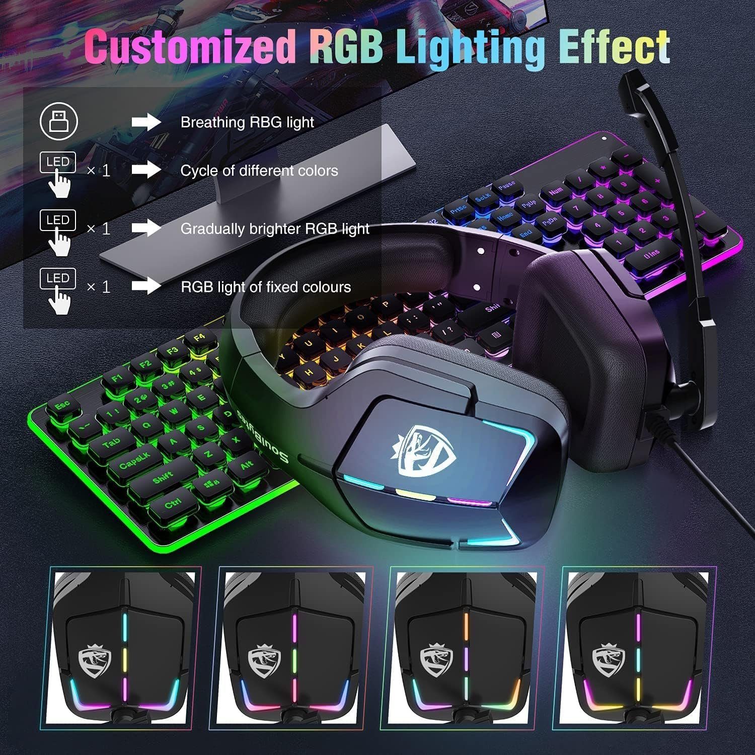 RGB-Licht) Kopfhörer, Soulbytes Sound 3,5mm (Kabelgebundener Kabelgebunden Gaming-Headset Mit mit Bass Ear Stereo Kabel, Over Surround