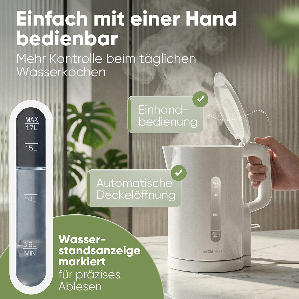 CLATRONIC Wasserkocher WK 3835, Wasserkocher 1,7L, 2200W, Einhandbedienung