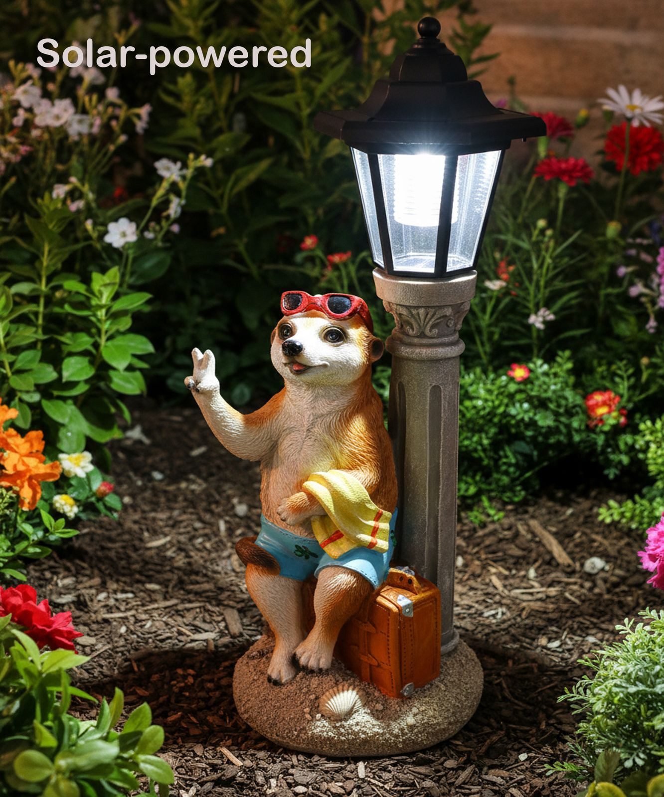 Kremers Schatzkiste Gartenfigur Erdmännchen Urlauber mit Solarlaterne Figur Gartenfigur 51 cm Garten – Bild 4 von 5