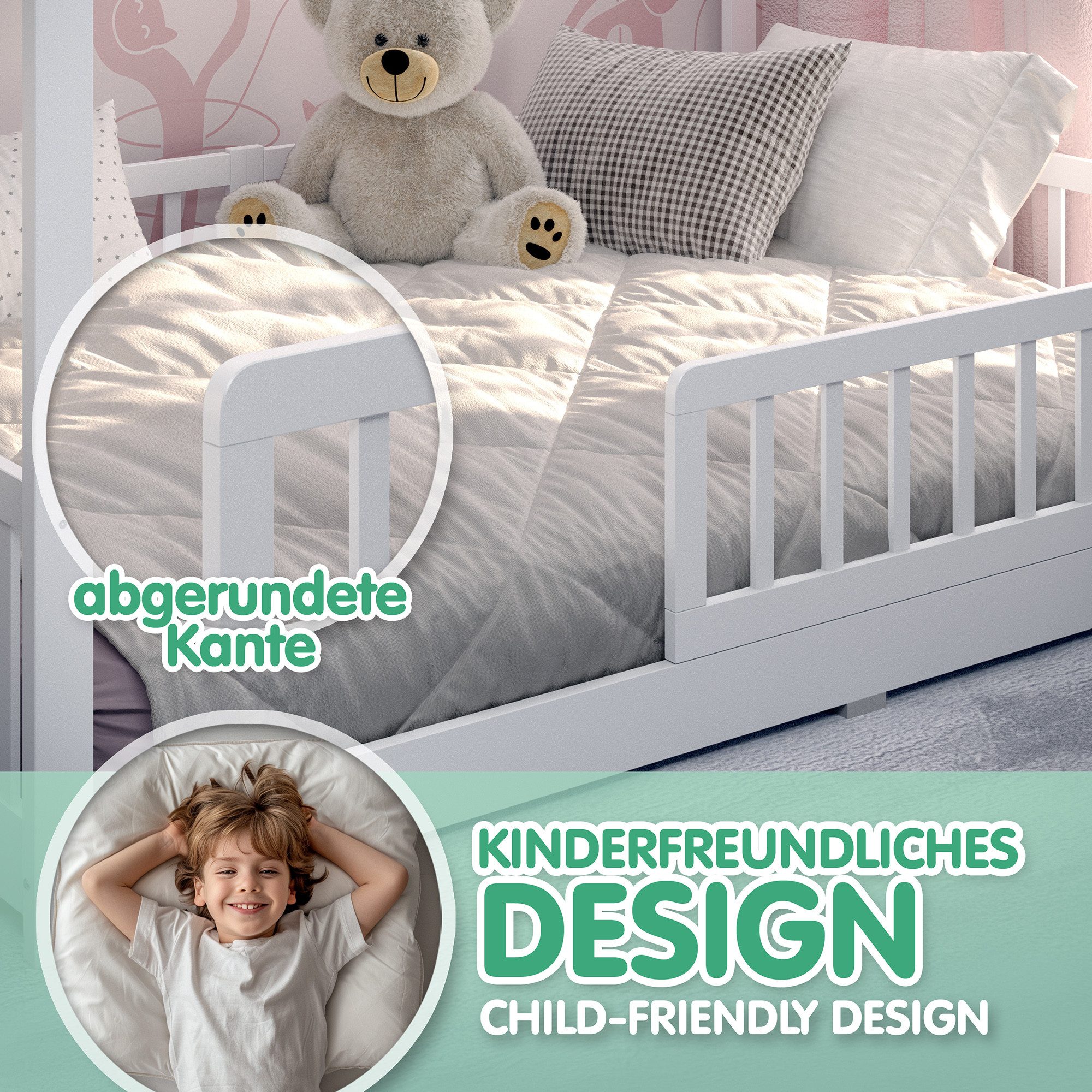 CADANI Kinderbett Malte Hausbett Bodenbett Rausfallschutz abnehmbar bis 200 kg belastbar (140x200 cm, Montessori Kinder- & Jugendbett aus Kiefer Massivholz), in – Bild 5 von 5