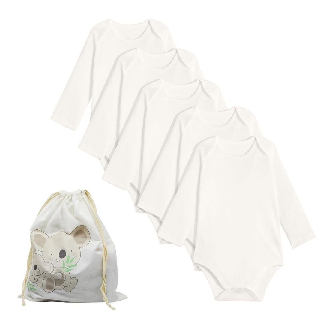 biorganic Langarmbody (5er Pack) für Jungen und Mädchen, Unisex, Mehrfarbig, Ecru, Baby Body (Set, 6-tlg., 5er-Pack Bodys & 1 Beutel) Langarm, 100% Bio-Baumwolle, GOTS-zert., mit praktischen Druckknöpfen