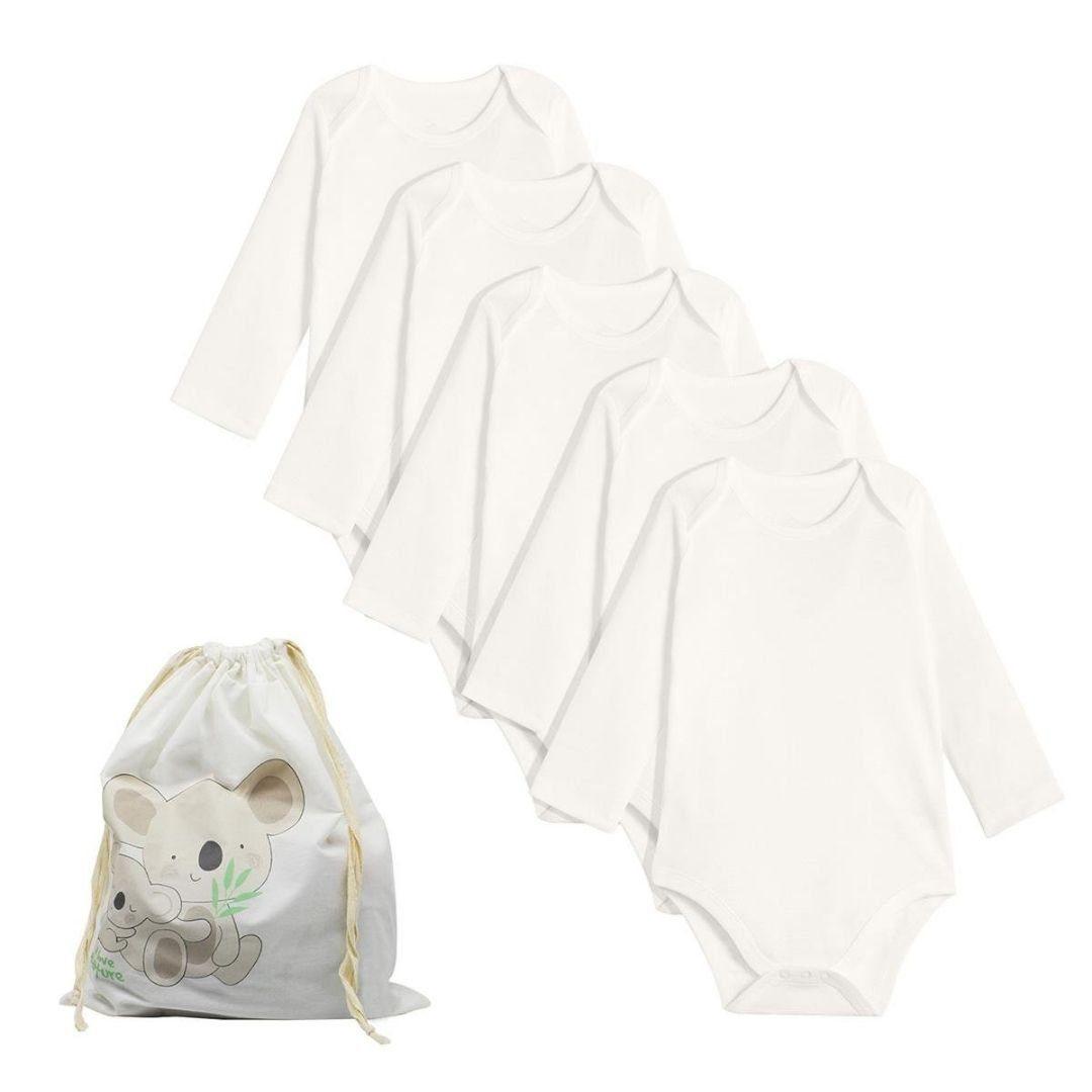 biorganic Langarmbody (5er Pack) für Jungen und Mädchen, Unisex, Mehrfarbig, Baby Body (Set, 6-tlg., 5er-Pack Bodys & 1 Beutel) Langarm, 100% Bio-Baumwolle, GOTS-zert., mit praktischen Druckknöpfen