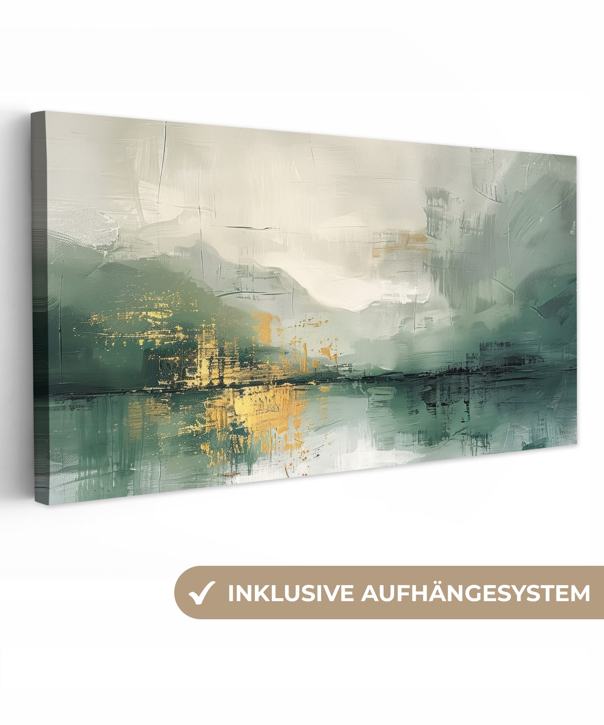 OneMillionCanvasses® Leinwandbild Panorama Grün - Modern - Abstrakt - Gold, günstig online kaufen