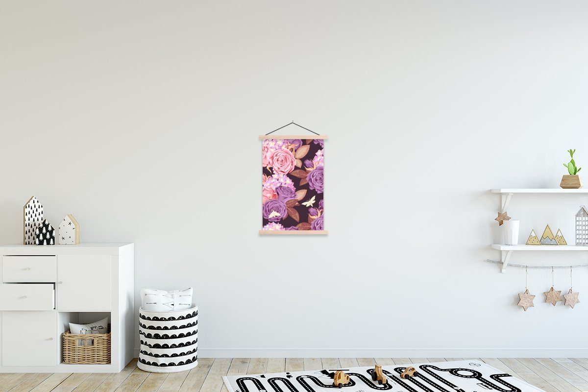 MuchoWow Poster Blumen - Lila - Rosa - Schmetterlinge, (1 St), Posterleiste, Textilposter für Wohnzimmer, Bilderleiste, Magnetisch