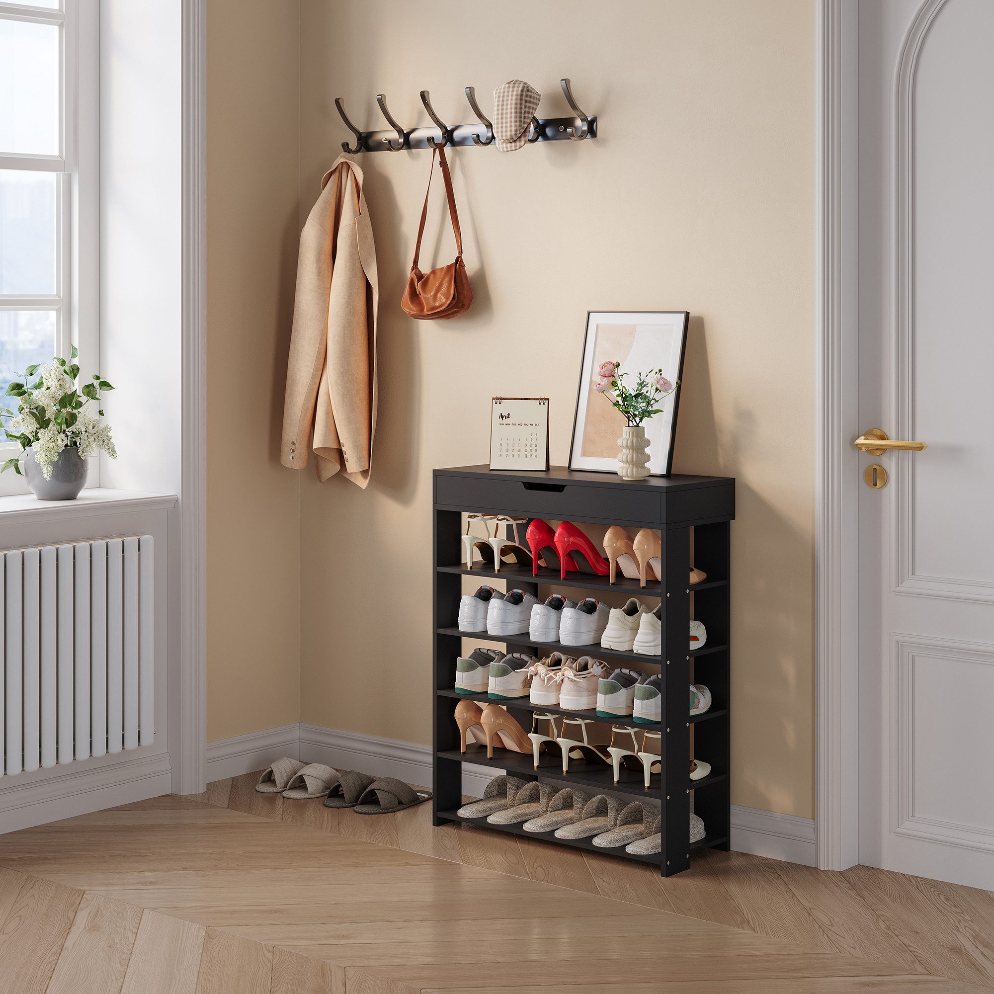 en.casa Schuhregal, »Boppeelo« mit Schublade 94 x 75 x 30 cm 5 Ablagen Schwarz