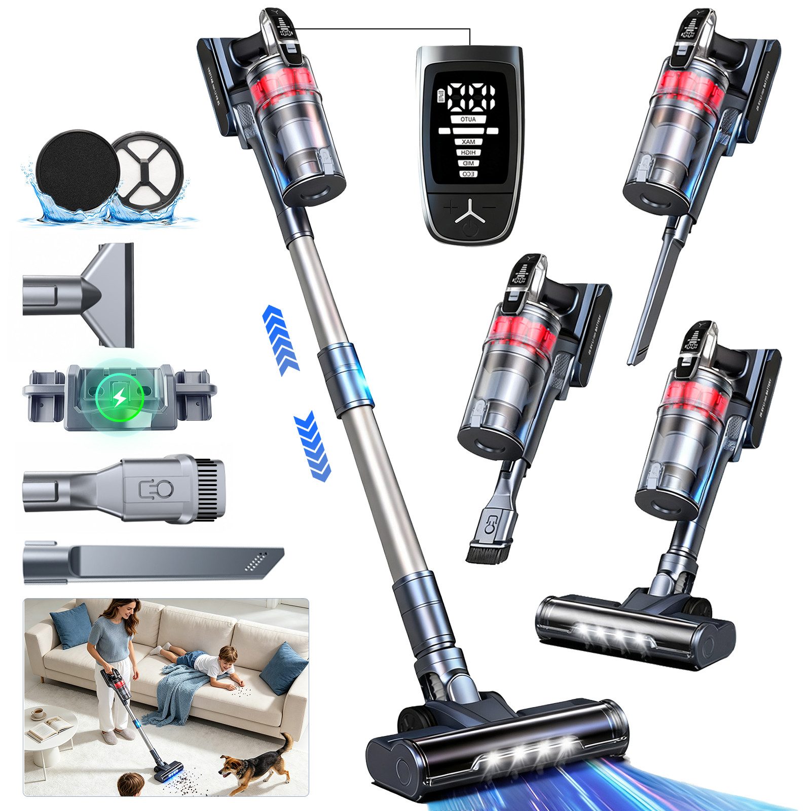 Grenintol Akku-Hand-und Stielstaubsauger 85000Pa Akku Staubsauger,Akku Handstaubsauger,Akkusauger Kabelloser, 500 W, beutellos, AkkuStaubsauger 500W,Handstaubsauger mit 4 Saugstufen,60 Min Laufzeit