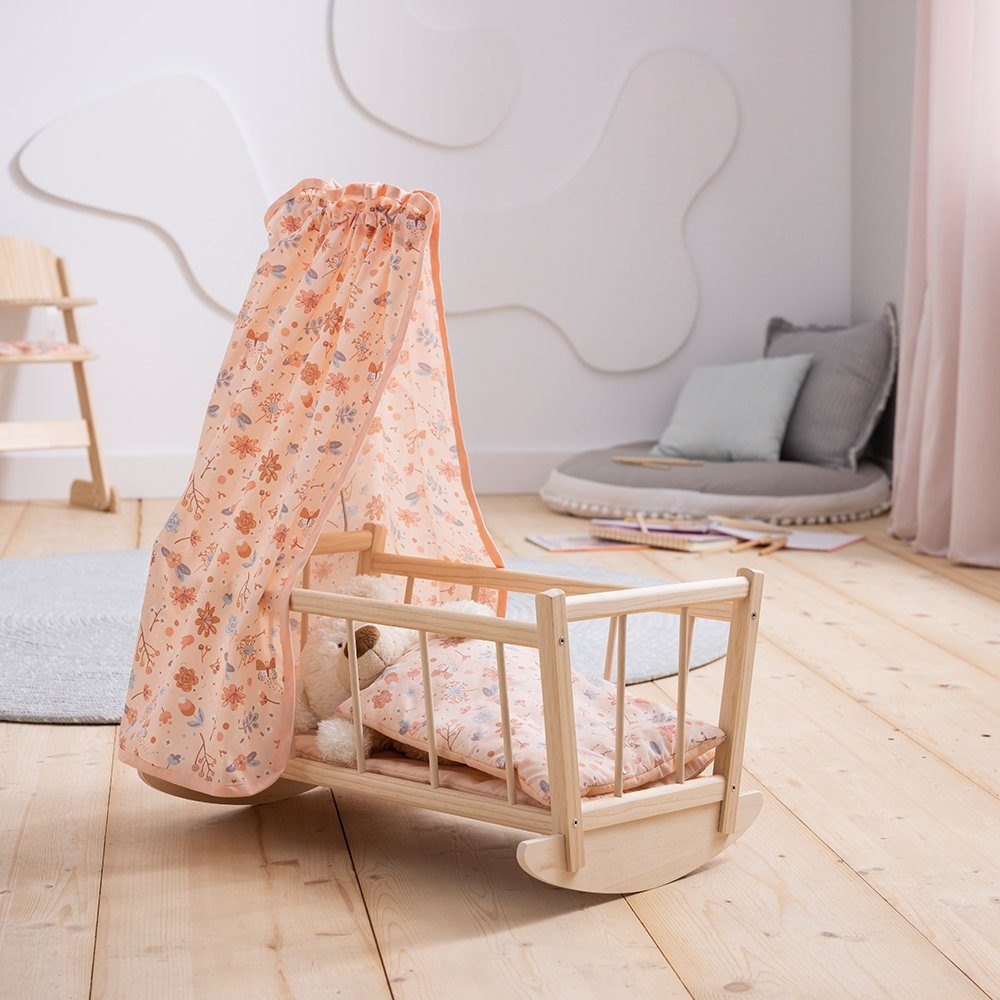 howa Puppenwiege miniflowers, Puppenbett aus Holz, inkl. Bettzeug und Betthimmel