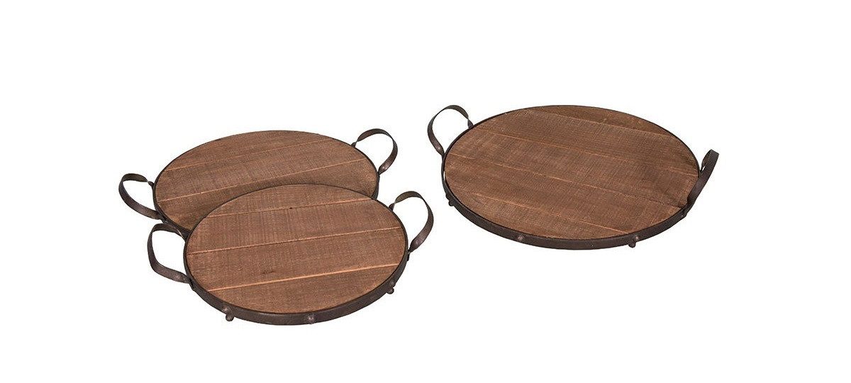 AnticLine Dekotablett Antic Line 3er Set Tabletts Ø36,5cm, Ø32cm, Ø26,5cm aus Metall-Holz