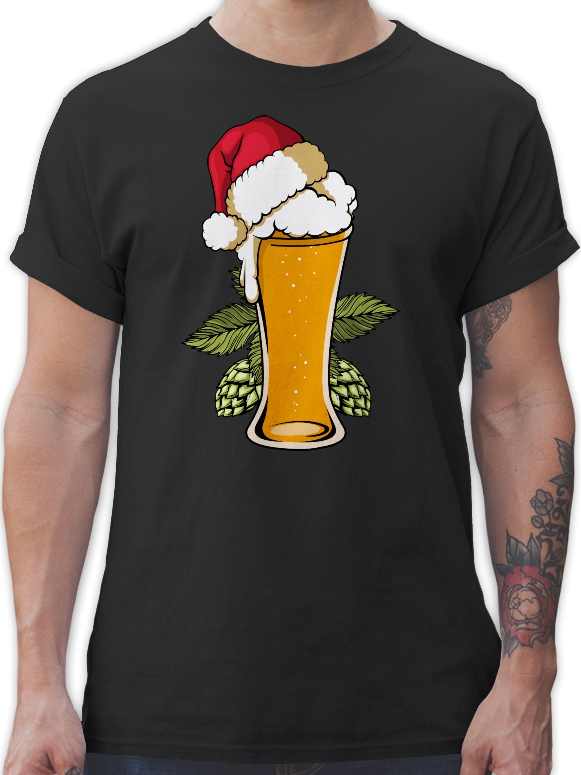 Shirtracer T-Shirt Bierglas mit Weihnachtsmütze Weihachten Kleidung 01 Schwarz