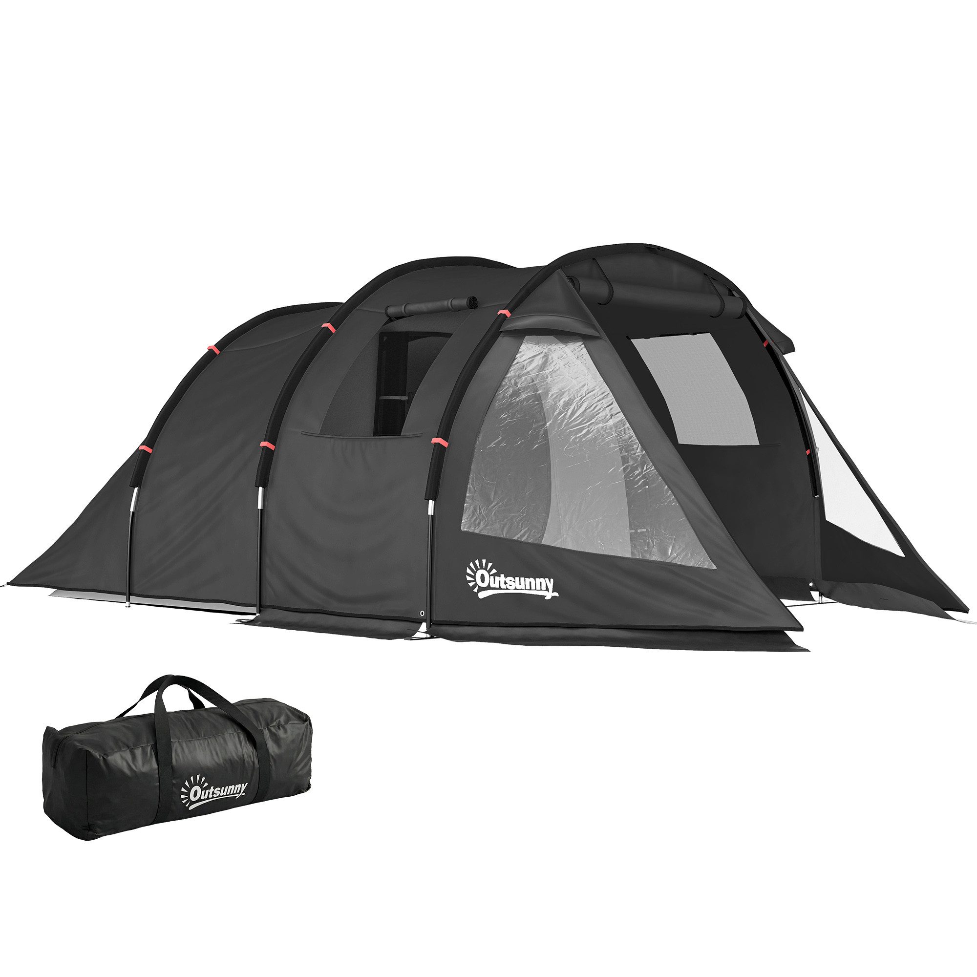 Outsunny Kuppelzelt Tunnelzelt für 3 Personen, Campingzelt mit Zwei Räumen, Personen: 3 (Festivalzelt, 1 tlg., Familienzelt), 2000 mm Wassersäule, für Trekking, Schwarz
