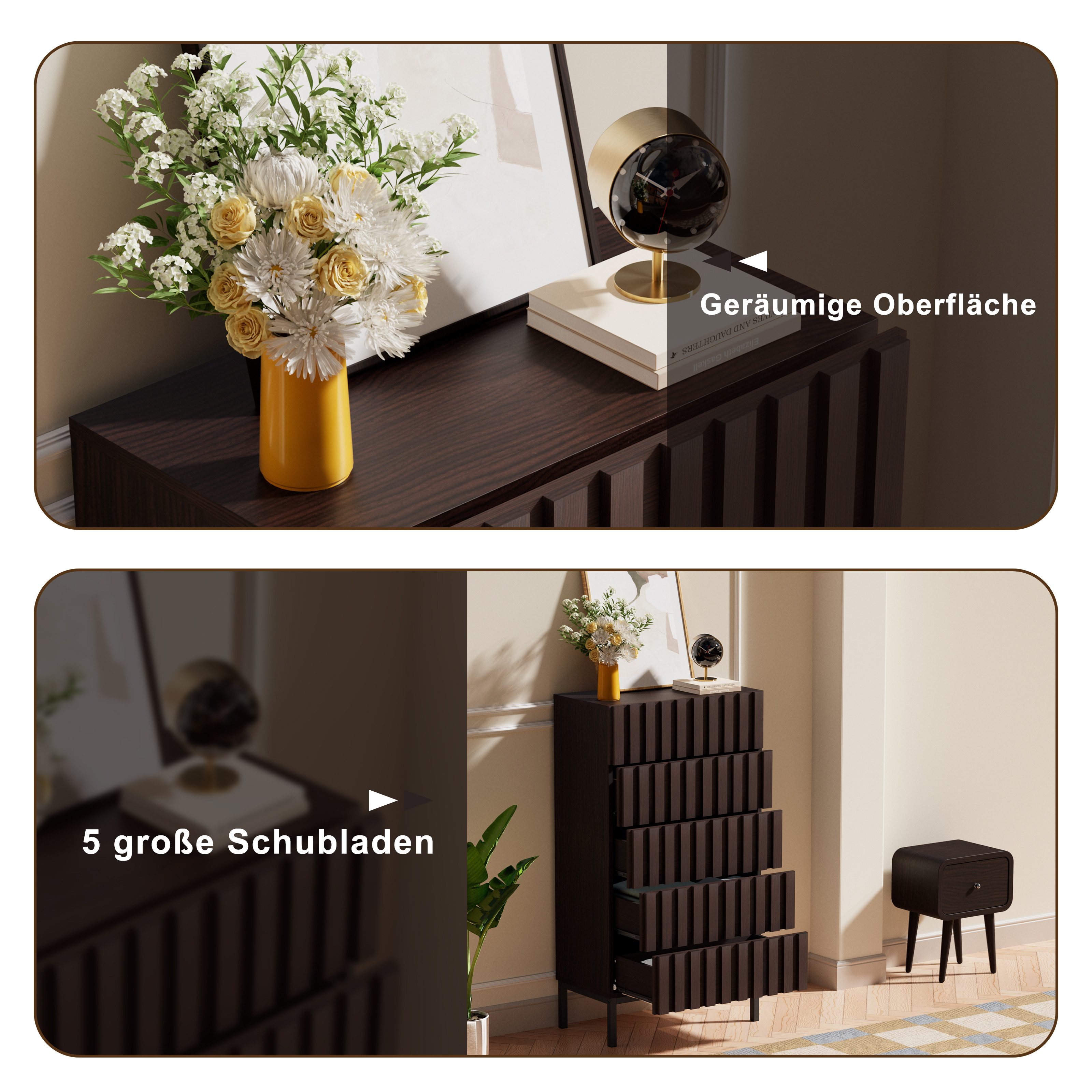 UEV Kommode schmal mit 4/5 Schublanden Sideboard Beistellschrank Buffet (Aufbewahrungskommode, Mehrzweckschrank aus Holz(Natur/Schwarz/Dunkelbraun), Schrank für Wohnzimmer,Schlafzimmer,Flur