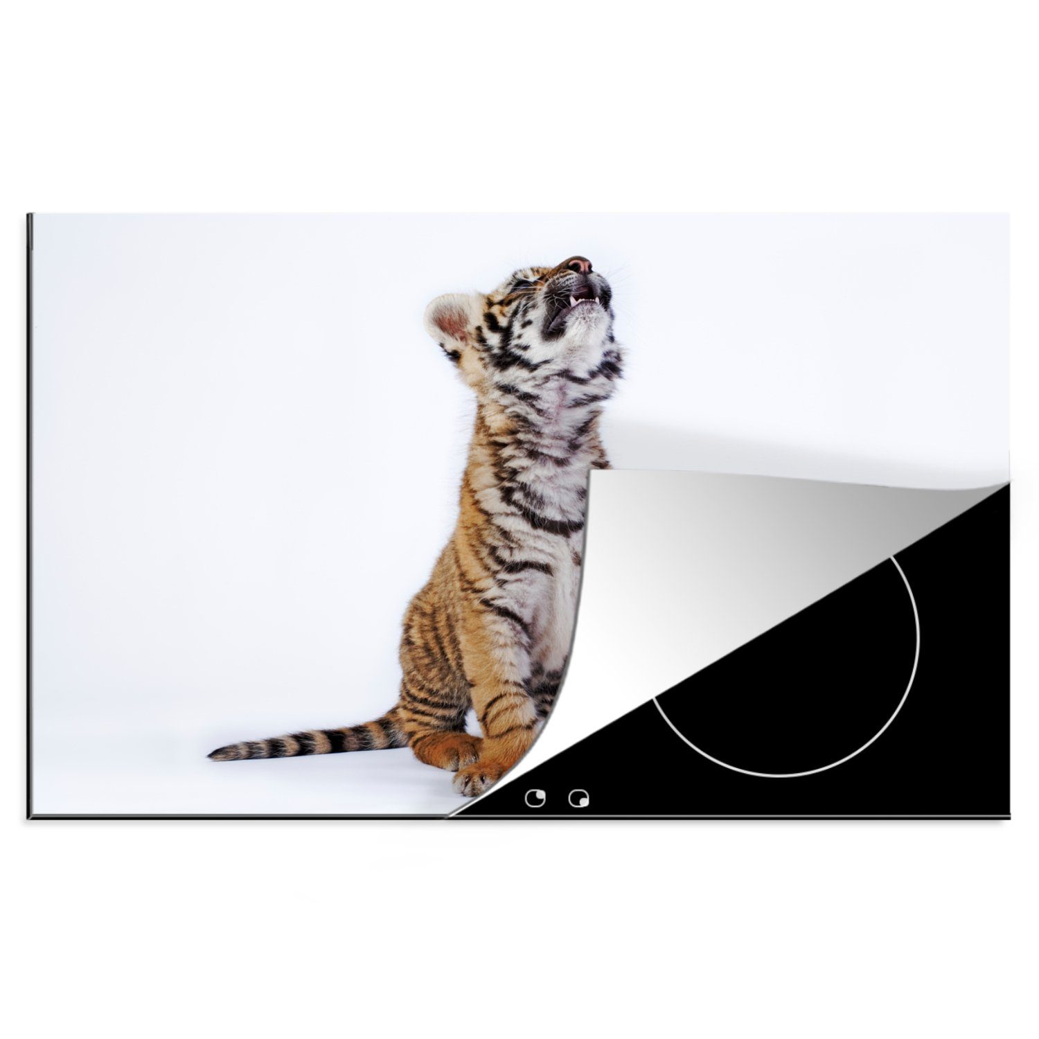 MuchoWow Herdblende-/Abdeckplatte Tiger - Jungtier - Weiß, Vinyl, (1 tlg), 81x52 cm, Induktionskochfeld Schutz für die küche, Ceranfeldabdeckung