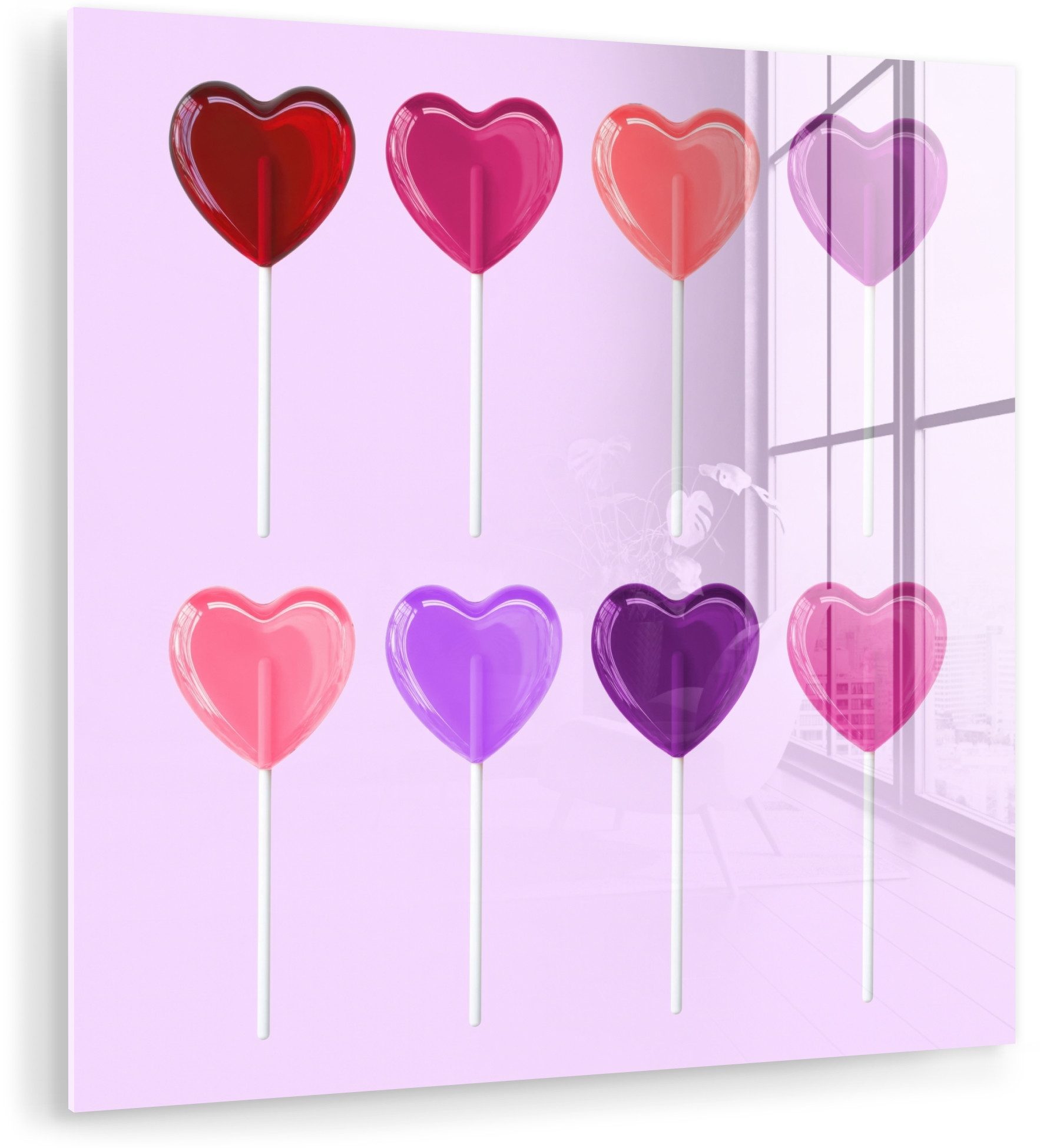 MuchoWow Acrylglasbild Lutscher - Herz - Rosa - Bonbon, Inkl. Aufhängung, Bilder auf Glas Wandbild, Wanddeko Wohnzimmer Badezimmer, 20x20 cm