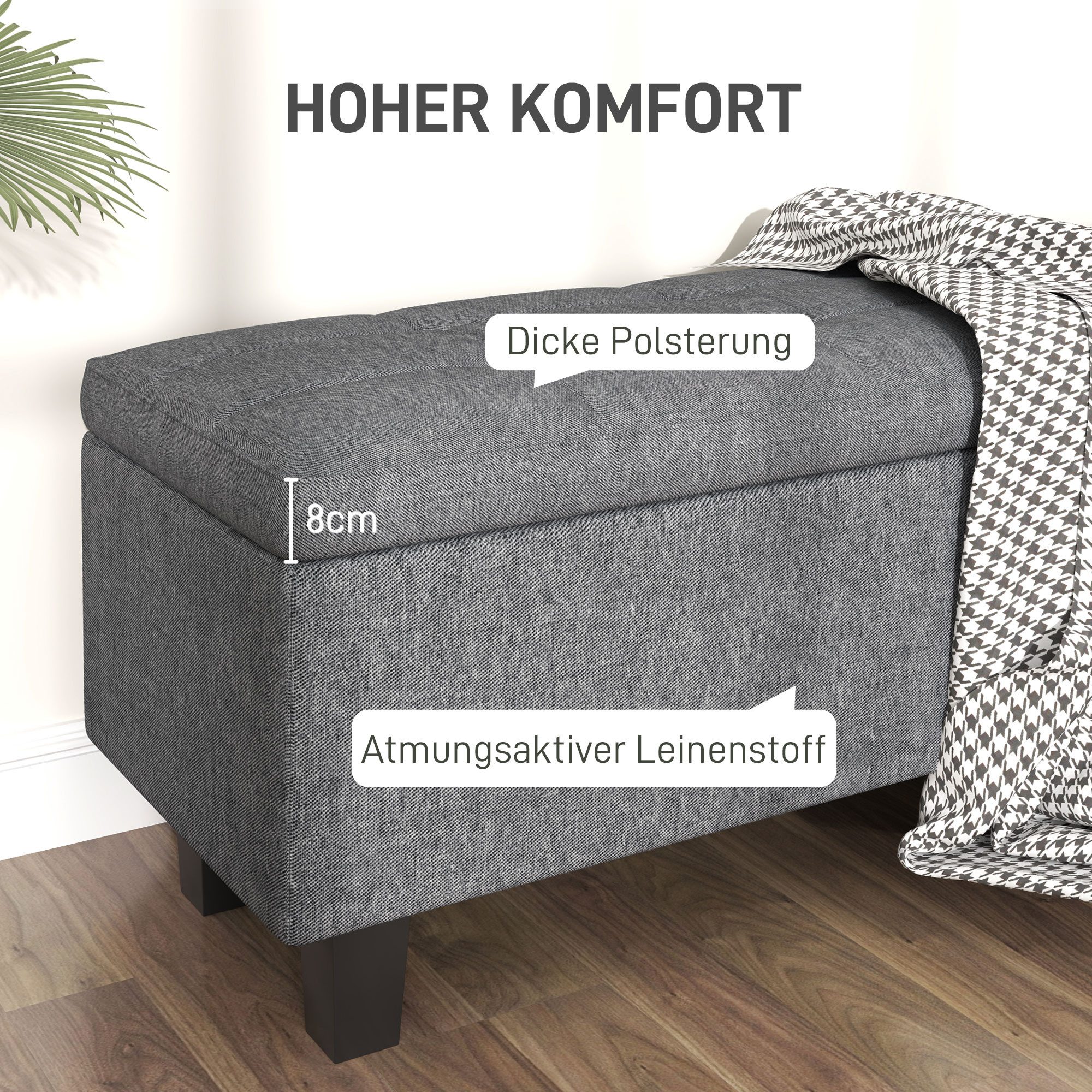 HOMCOM Polsterbank Sitzbank mit Stauraum, Leinenoptik, Holzbeine (Bettbank, 1-St., Truhebank), für Flur, Schlafzimmer, Wohnzimmer, 138 x 40 x 45 cm, Dunkelgrau