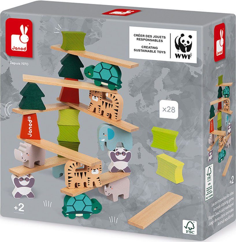 Tiere Wald weltweit & - schützt Bäume, Geschicklichkeitsspiel WWF® Janod - & FSC®- Stapelspielzeug Stapel-