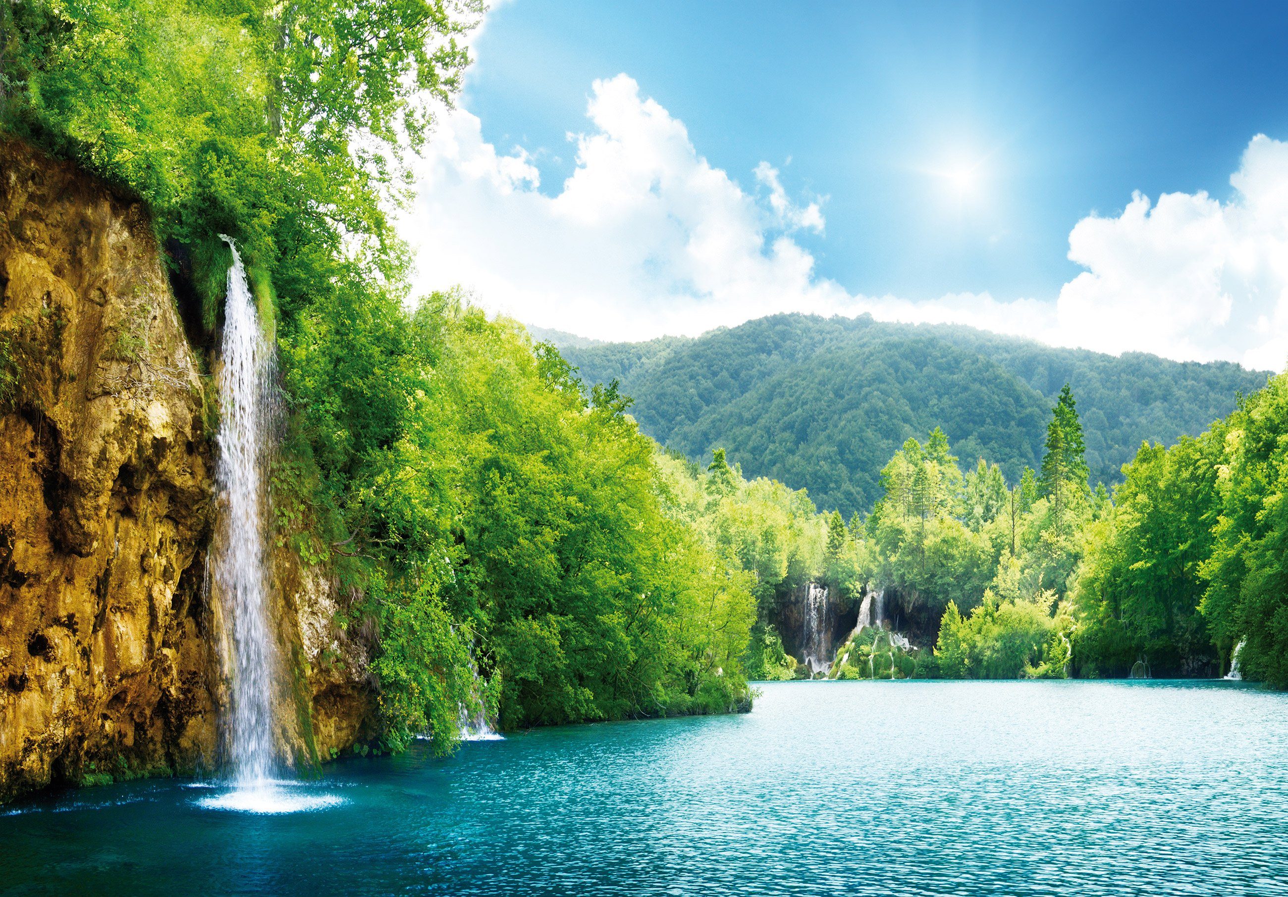 Wallarena Fototapete Wasserfall Landschaft Wald See Natur Vlies Tapete für Wohnzimmer oder Schlafzimmer Vliestapete Wandtapete Motivtapete, Glatt, Wasserfall, Vliestapete inklusive Kleister