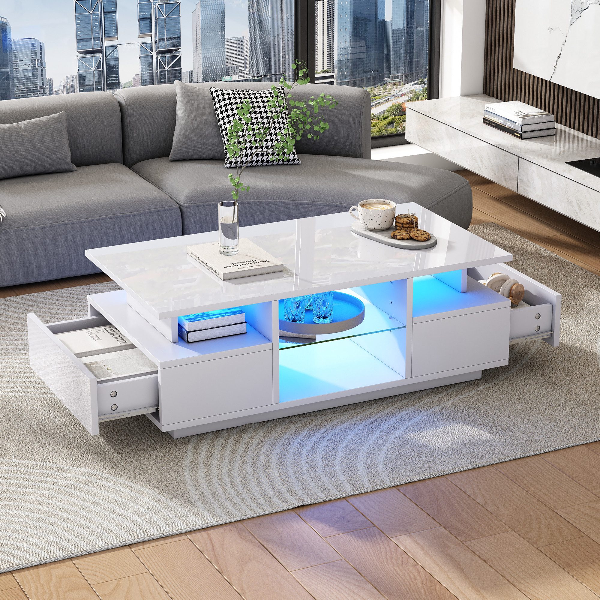 Couchtisch mit Schubladen Sofatisch mit LED Offener Lagerraum Hochglanz weiß