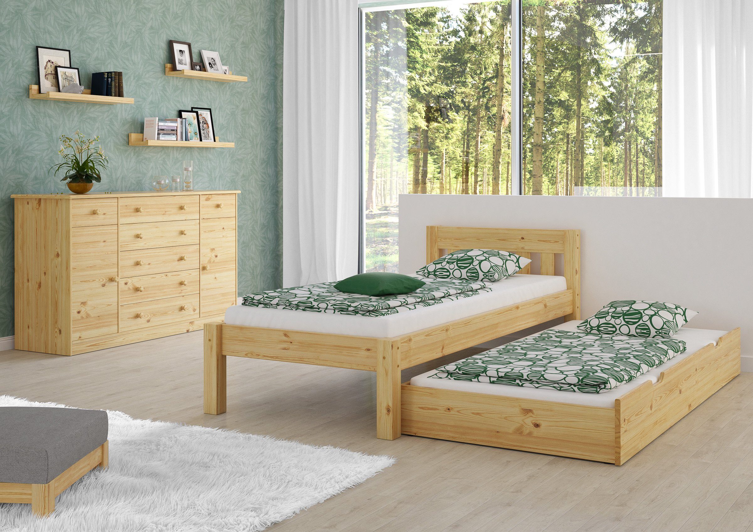 ERST-HOLZ Bett Kinderbett lackiert Kieferfarblos Matratze, und Massivholz Federholzrahmen 80x200 mit