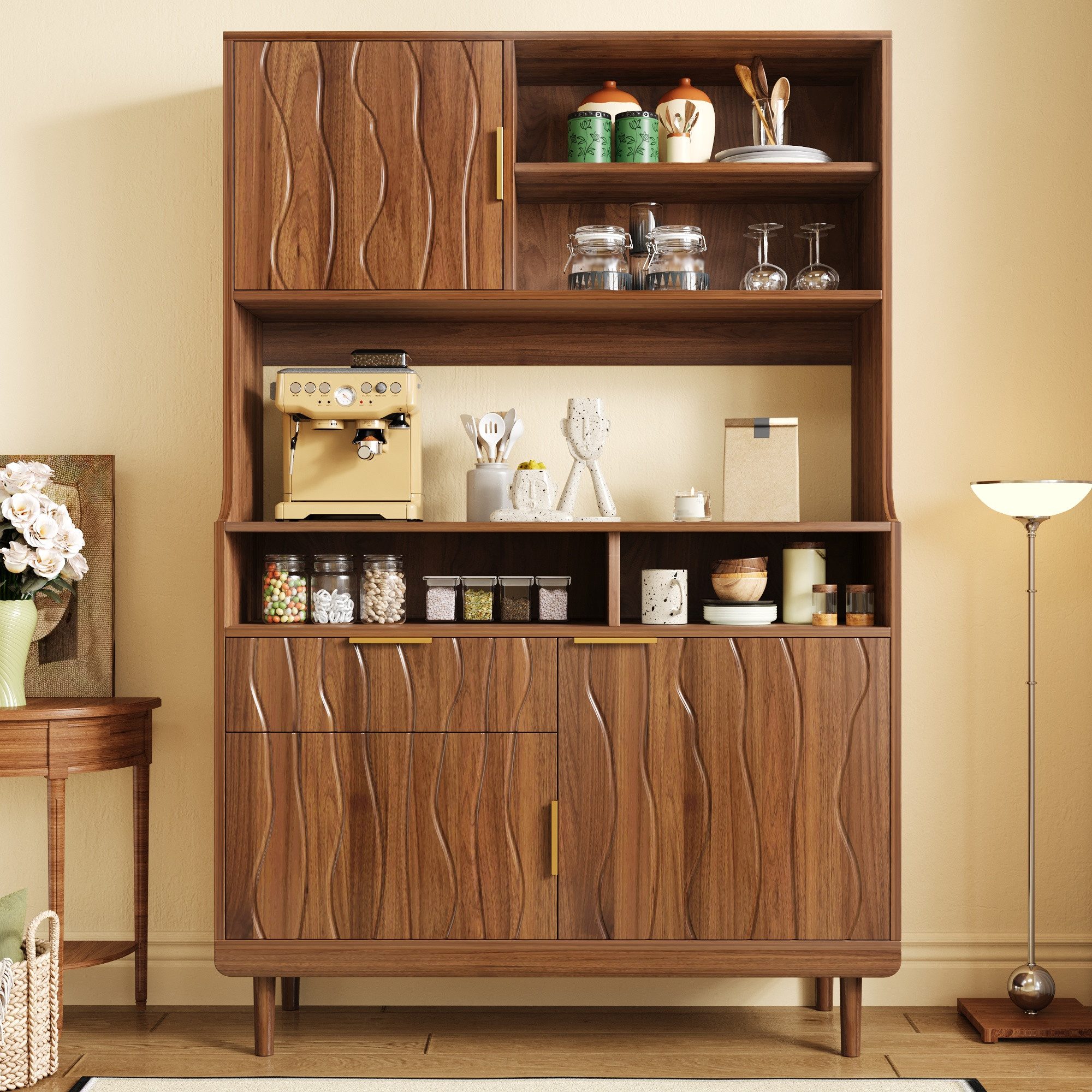 Merax Hochschrank mit Türen, Schublade und offenen Regalen, 100x32x170cm (Buffetschrank Anrichte, 1-St) Küchenschrank Stauraumschrank mit Wellenstruktur & Kiefernholzfüßen