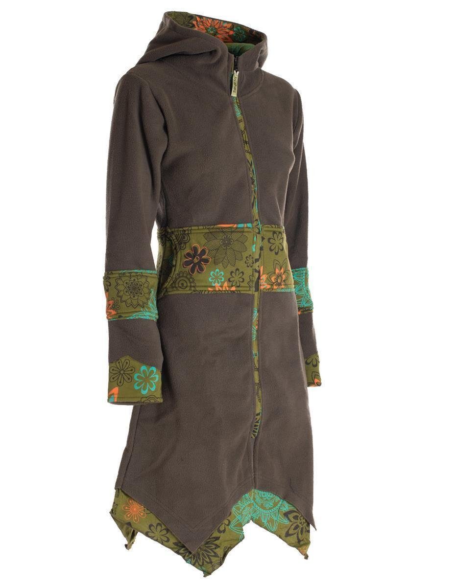 Zipfelkapuzenjacke Boho Mantel olive Kurzmantel Fleece Vishes Cardigan Goa, Style Fleecemantel Gothik, Hooded Ethno,