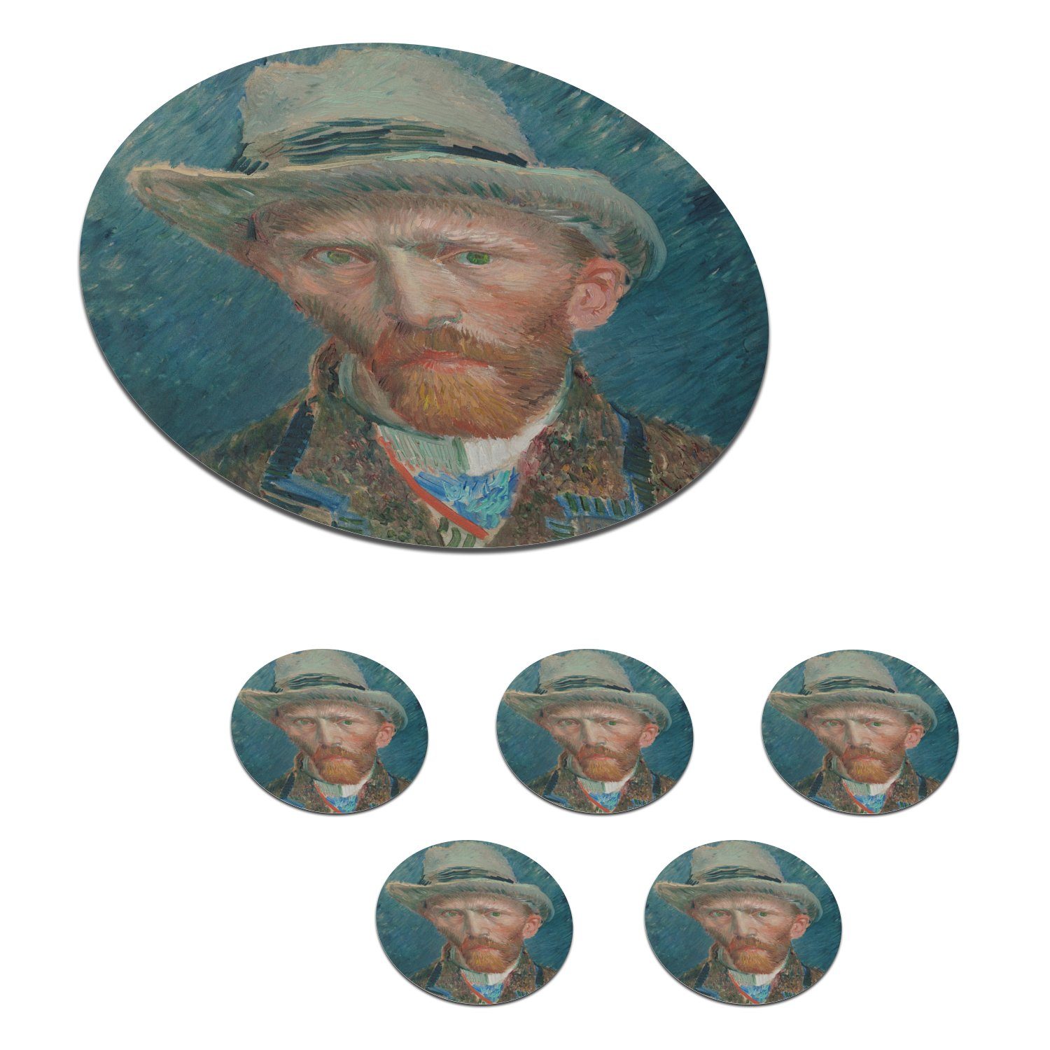 MuchoWow Glasuntersetzer Selbstporträt 1887 - Gemälde von Vincent van Gogh, Zubehör für Gläser, 6-tlg., Getränkeuntersetzer, Tassenuntersetzer, Korkuntersetzer, Tasse, Becher