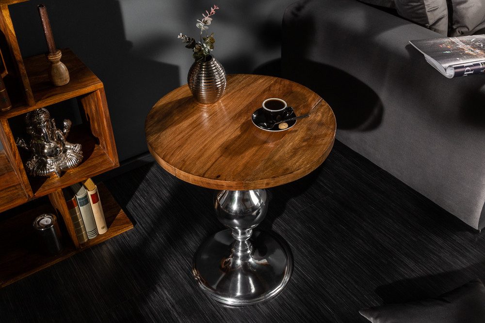 riess-ambiente Beistelltisch EXTRAVAGANCIA 60cm natur / silber (Einzelartikel, 1-St), Wohnzimmer · Mango-Massivholz · rund · Säulenfuß aus Metall · Design