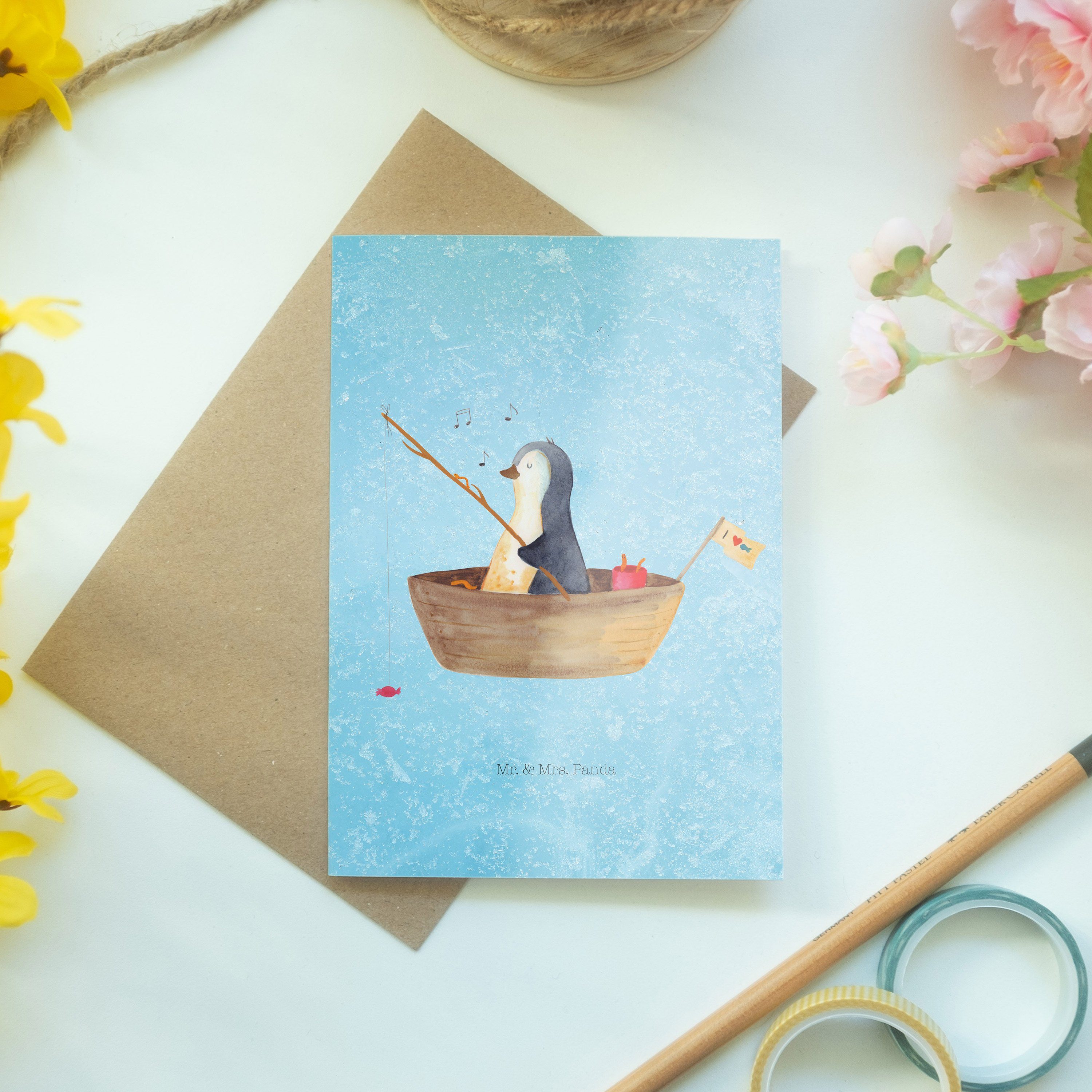 Mr. & Mrs. Geschenk, Angelboot Pinguin Geburtstagskarte, Eisblau - - Grußkarte Klappkarte Panda
