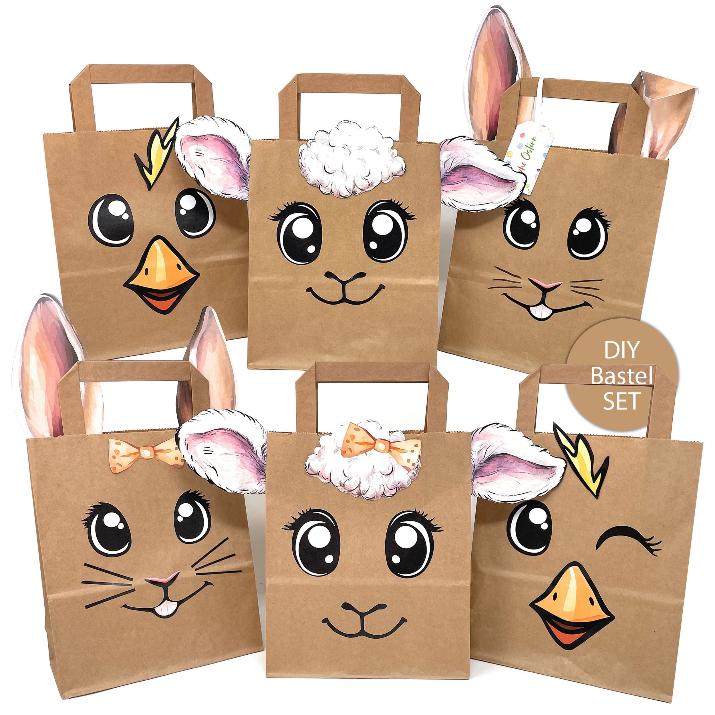 TOBJA Osternest Ostertaschen DIY Set – 6 große Kraftpapier-Tüten mit süßen Tiermotiven, Bastelset Kinder Ostern Hase