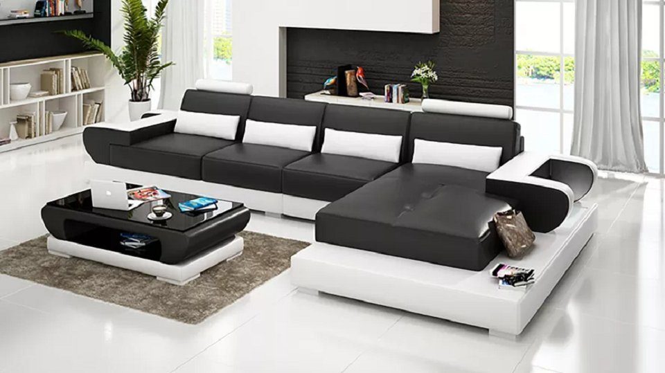 JVmoebel Ecksofa Sofa Ledersofa Eckcouch Polstergarnitur Couch Wohnlandschaft Polster, L Form Sofa mit Ablageflächen Schwarz/Weiß