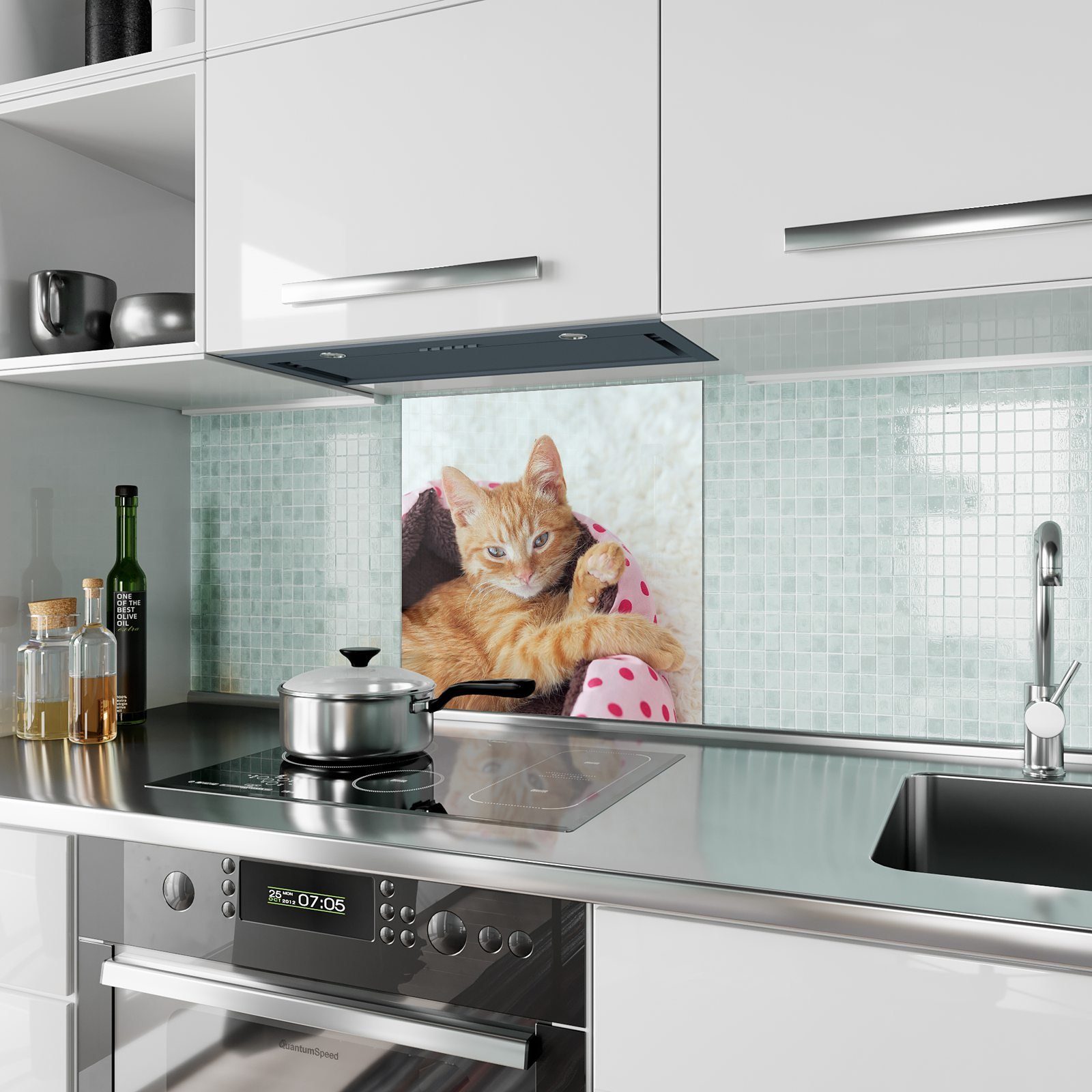 Körbchen Motiv Primedeco Küchenrückwand Glas Spritzschutz mit Katze im Küchenrückwand