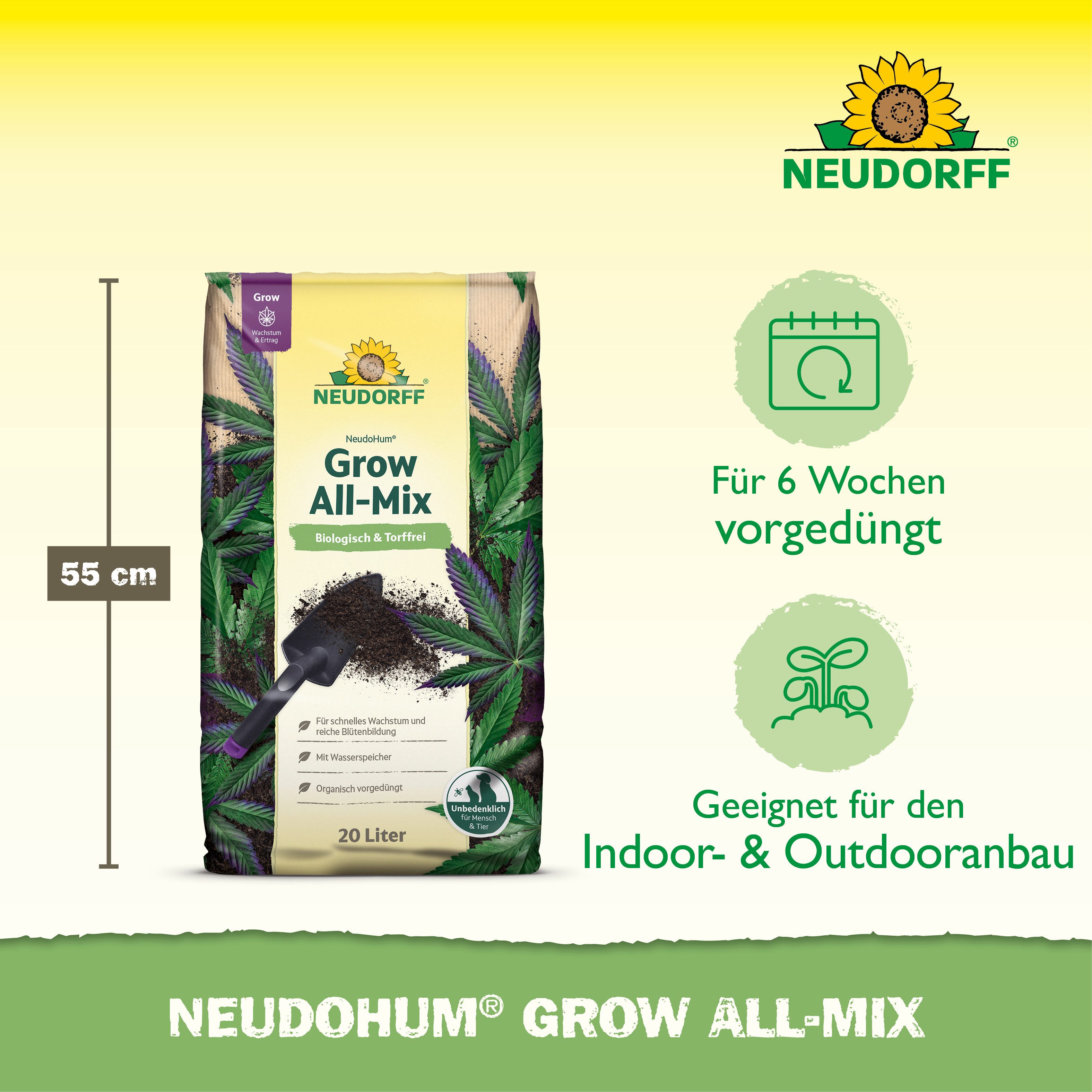 Neudorff Blumenerde NeudoHum Grow Erde All-Mix 20 L, mit Organisch vorgedüngtes Kultursubstrat, (Gebrauchsfertiges Kultursubstrat für Cannabis-Sorten, Organisch – Bild 3 von 5