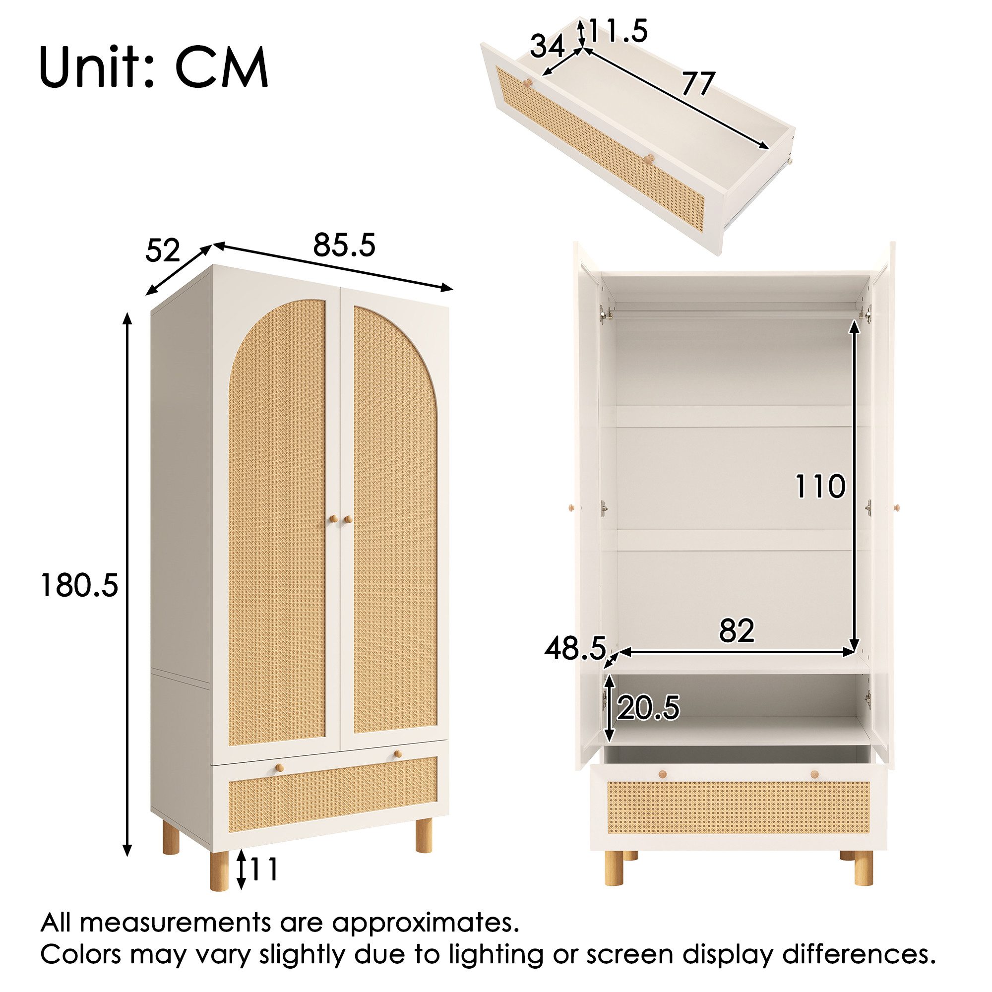 Ulife Garderobenschrank mit 2 Türen & Rattan,höhenverstellbaren Regalen&Kleiderstange, (1-St) Landhausstil Weiß mit großer Schublade, Kippsicherung,180x85x52