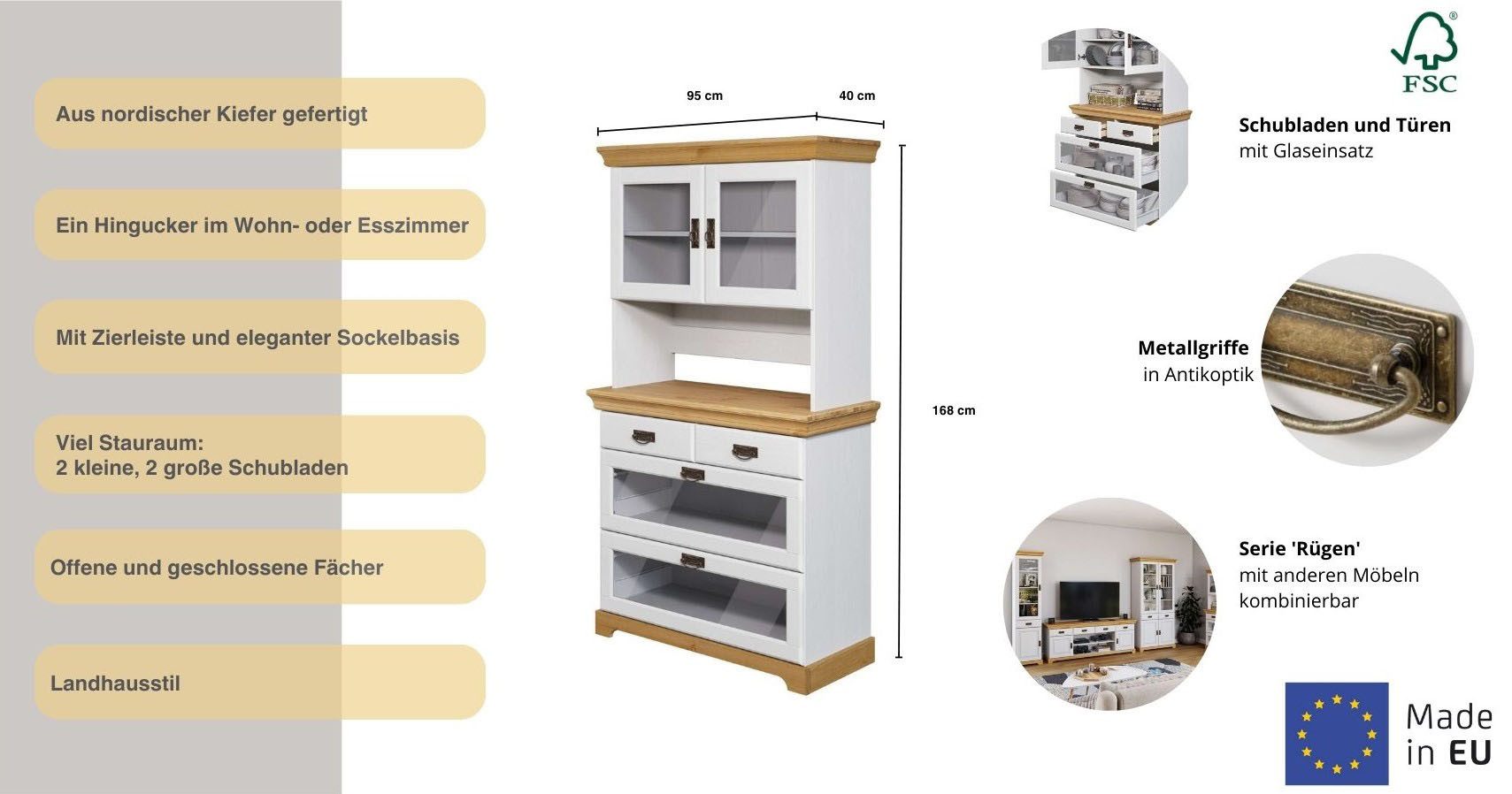OTTO home Buffet Rügen zertifiziertes Massivholz, Höhe 168 cm, im Landhausstil