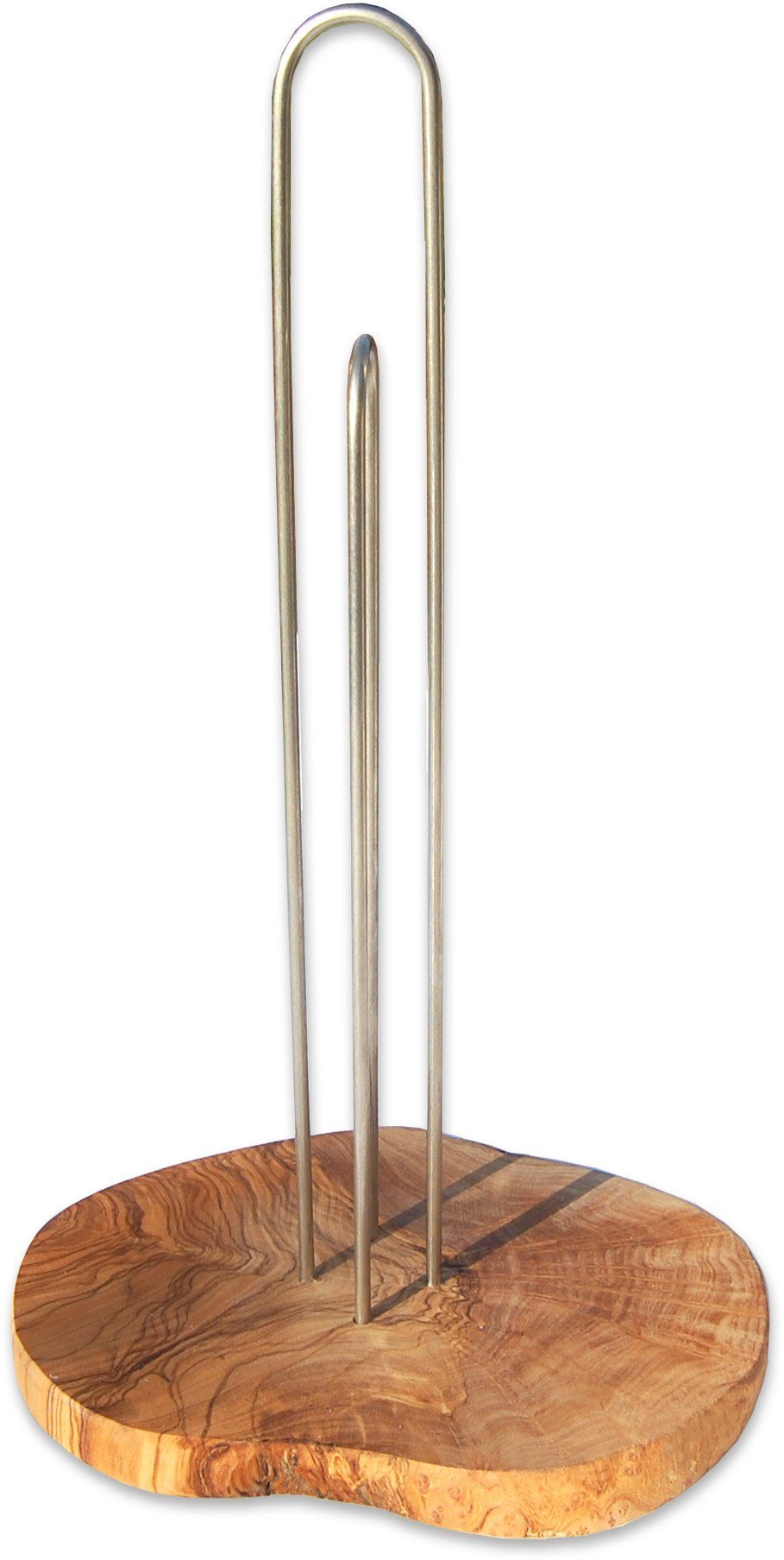 Olivenholz-erleben Küchenrollenhalter DESIGN mit Edelstahlstangen und Olivenholz, (1-St), Fuß aus rustikaler Olivenholzscheibe, Edelstahlstangen, Höhe ca. 33 cm