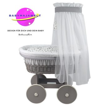 Babymajawelt Stubenwagen Baby Stubenwagen Komplett Set, Große Räder, Sterne 31594, Erstes Babybett, Made in EU, Naturweide, Sorglos Paket