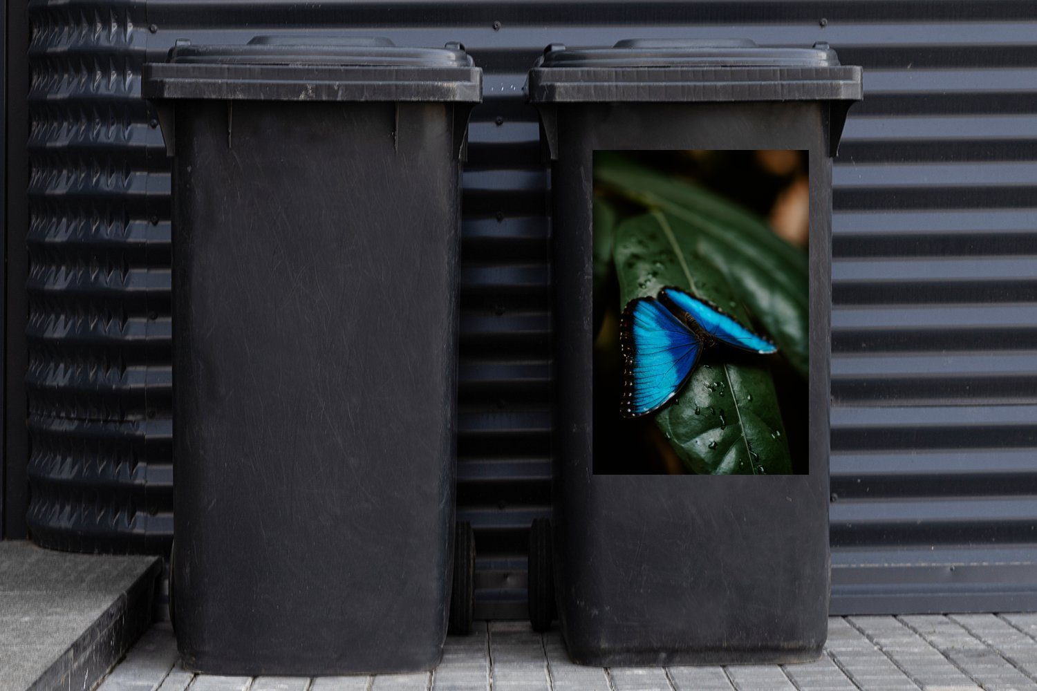Container, grünen St), auf eines Mülltonne, (1 Darstellung Sticker, MuchoWow Abfalbehälter einem Schmetterlings blauen Mülleimer-aufkleber, Abstrakte Wandsticker